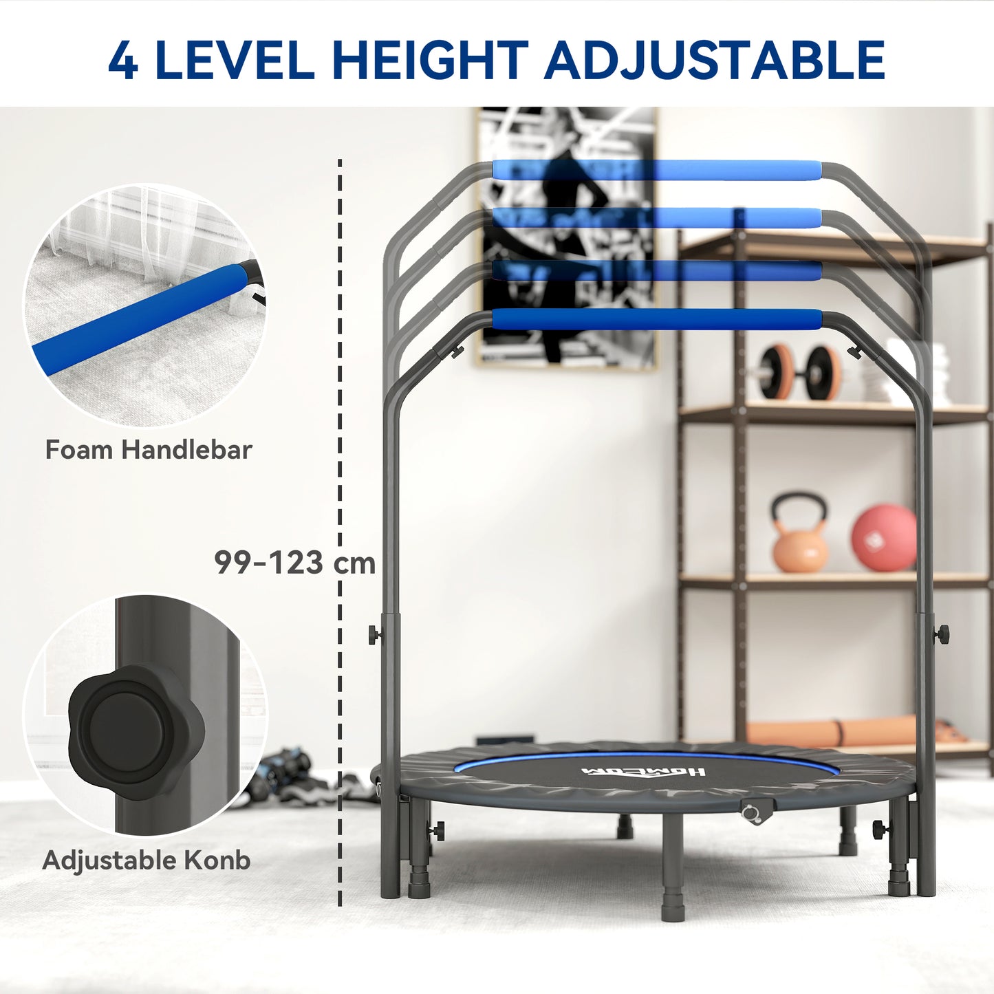HOMCOM 48" Foldable Mini Fitness Trampoline, with Adjustable Foam Handle, Blue