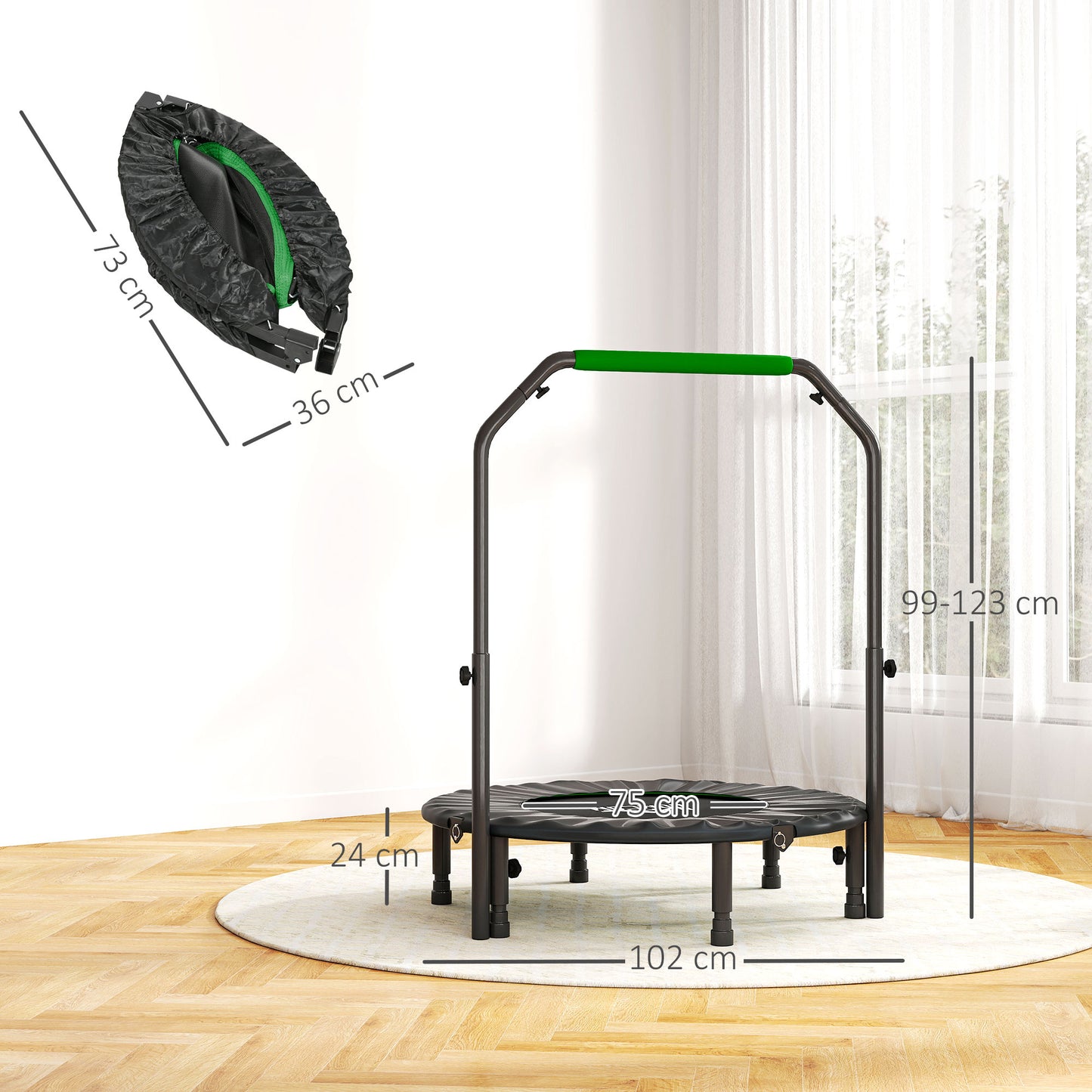 HOMCOM 40" Foldable Mini Fitness Trampoline, with Adjustable Foam Handle, Green