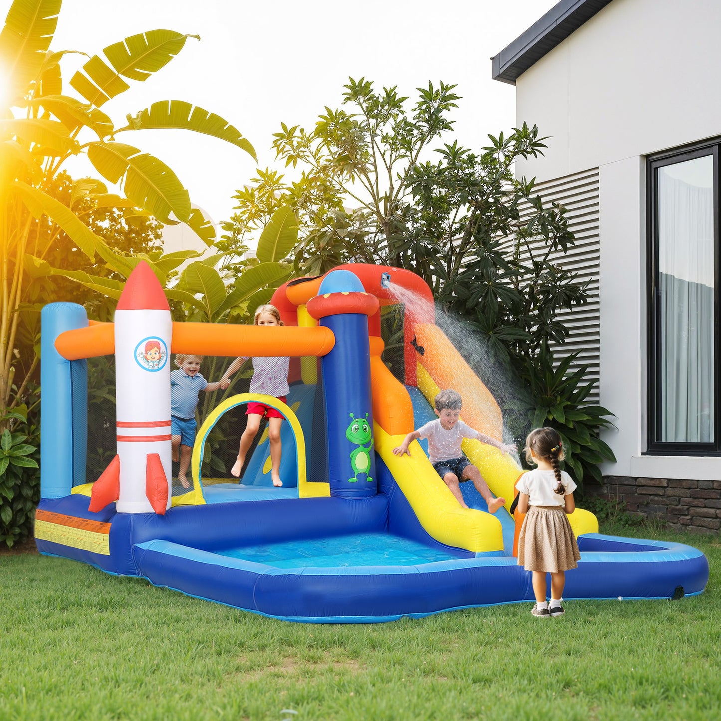 AIYAPLAY 5 in 1 Bouncy Castle for Children with 550W Blower, Water Slide, Splash Pool, Jumping Area, Climbing Wall, Cannon