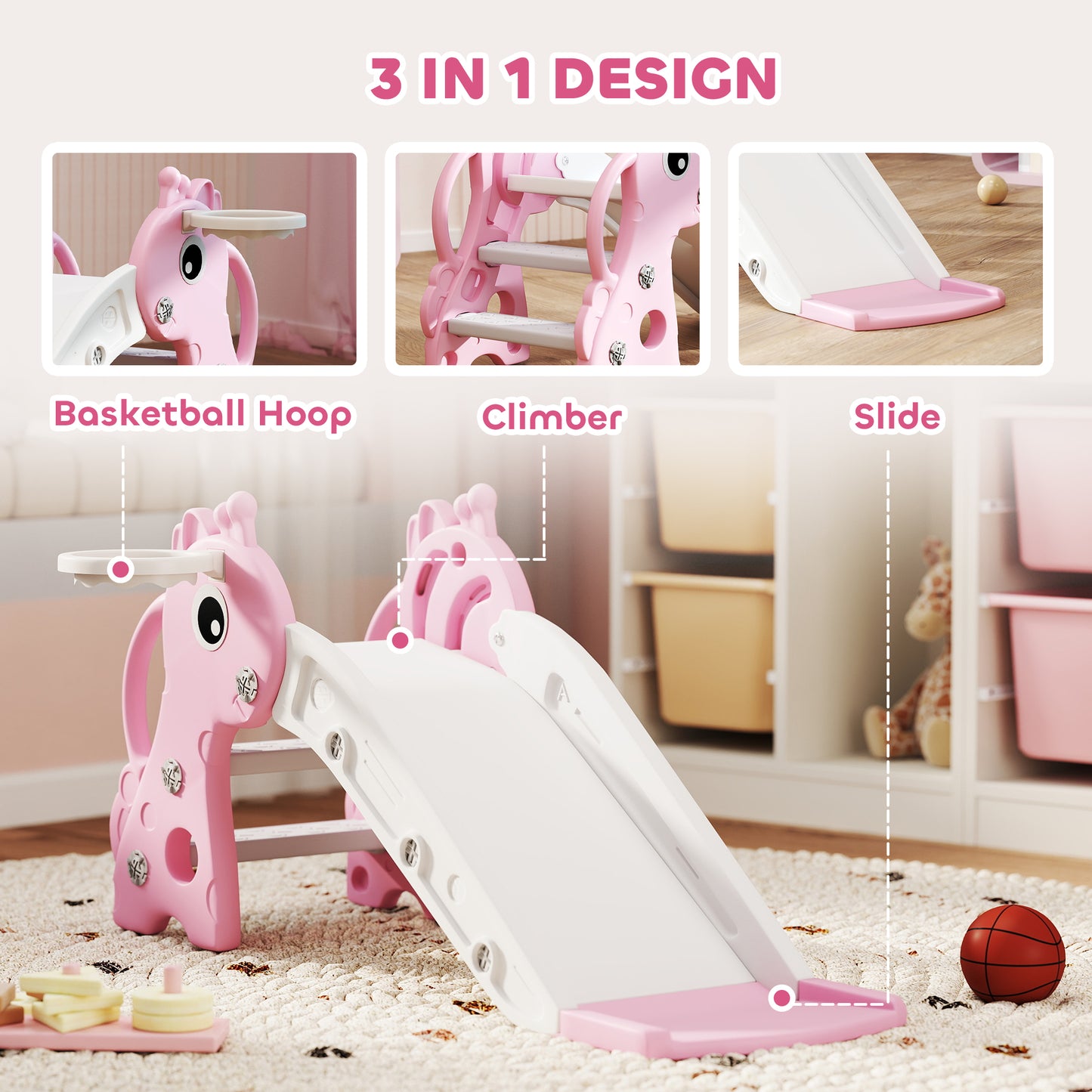 AIYAPLAY 3 in 1 Kids Slide with Climber, Basketball Hoop and Ball, Giraffe Shape Climber Slide for Indoor Kids Age 1-3, Pink