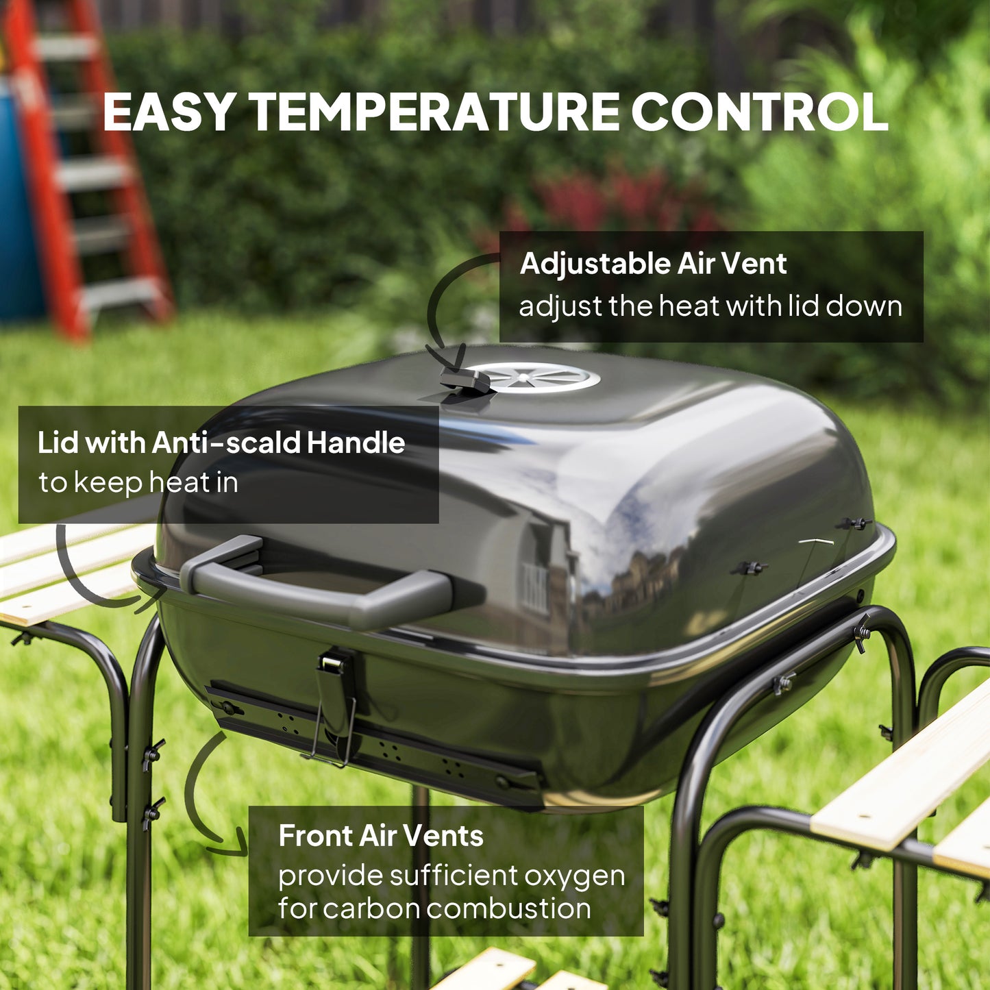 Outsunny Charcoal Barbecue Grill Portable BBQ Grill with 1840 cm² Cooking Area, 3 Shelves, Adjustable Vent, Lockable Lid, Wheels for Outdoor Cooking, Garden Party, Black