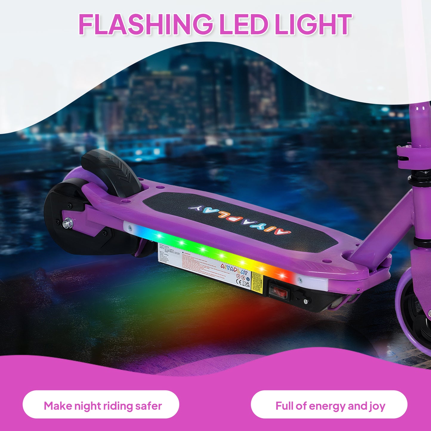AIYAPLAY Electric Scooter for Kids 6-14 Years, with Colourful Lights, Purple