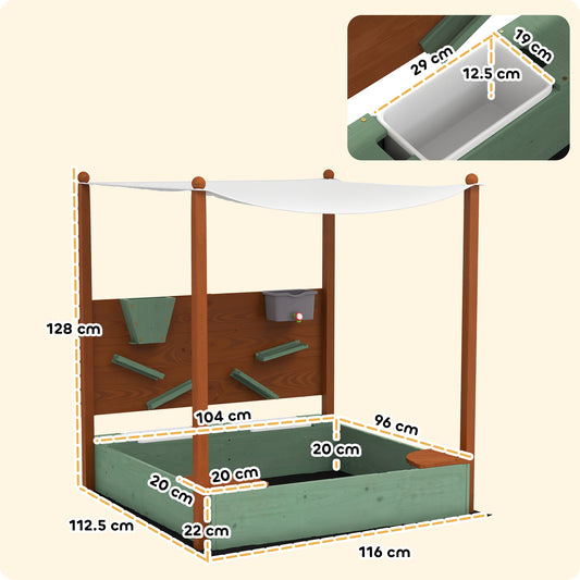 AIYAPLAY Wood Sandpit with Canopy, Storage Bins, Funnel, Liner, Chutes, Bucket with Tap, 116 x 112.5 x 128 cm, Green