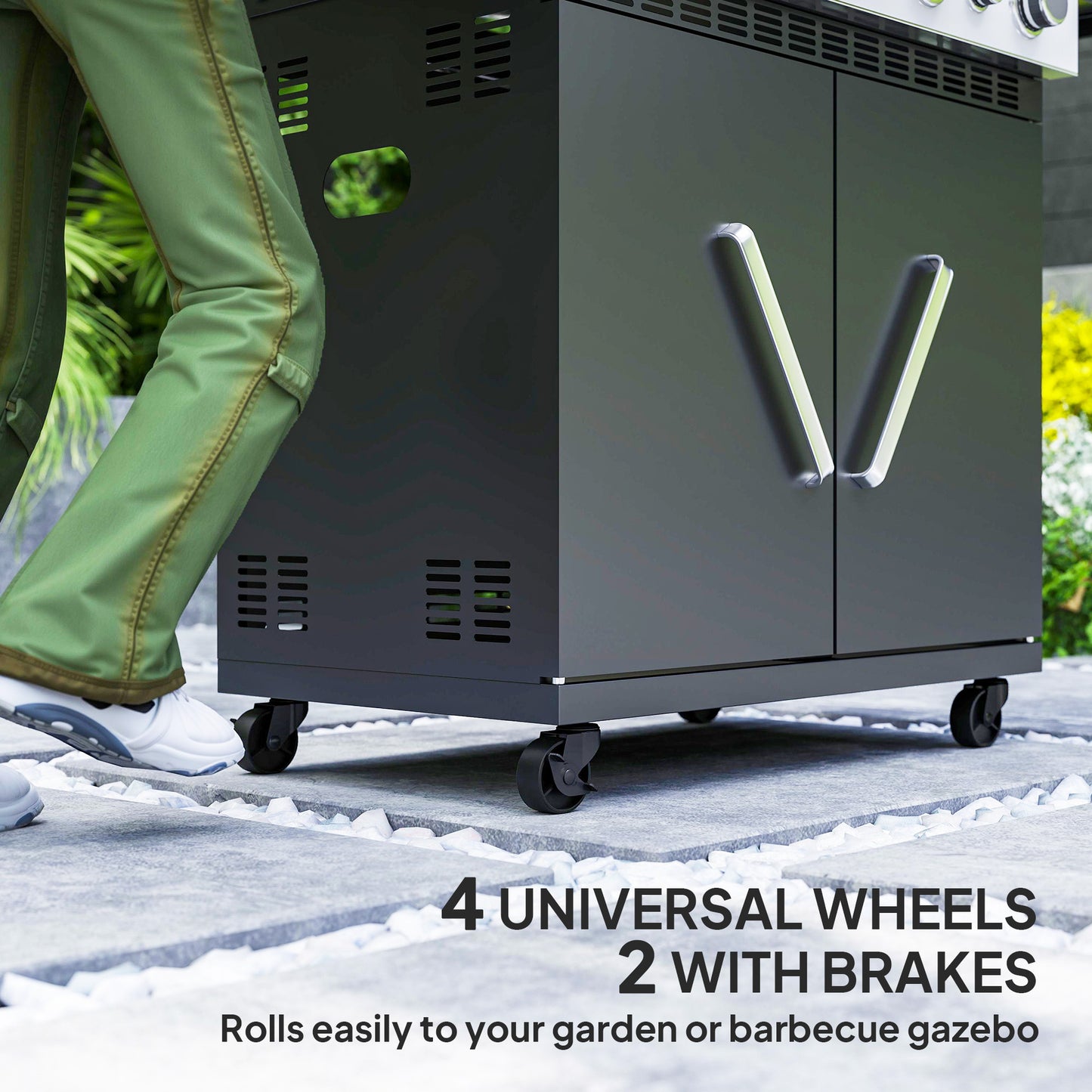 Outsunny 4+1 Burner Gas BBQ Grill with Clear View Lid, Portable Gas Barbecue Grill with Built-in Thermometer, Side Table, Cabinet, Wheels, Grease Tray for Garden Party Outdoor Cooking, Black