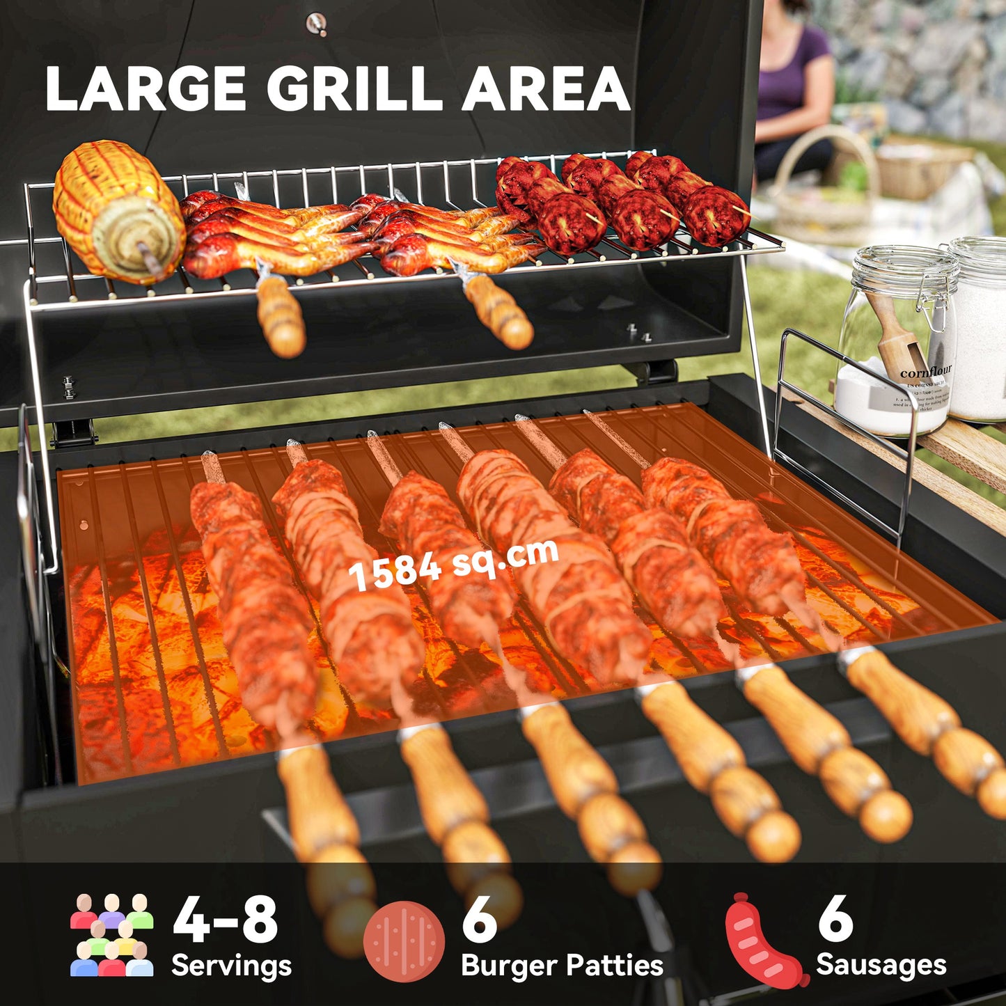 Outsunny Charcoal BBQ Grill with Height Adjustable Charcoal Pan, Portable Barbecue Smoker with Warming Rack, 3 Shelves, Temperature Gauge, Wheels, Bottle Opener for Outdoor Cooking Garden Party