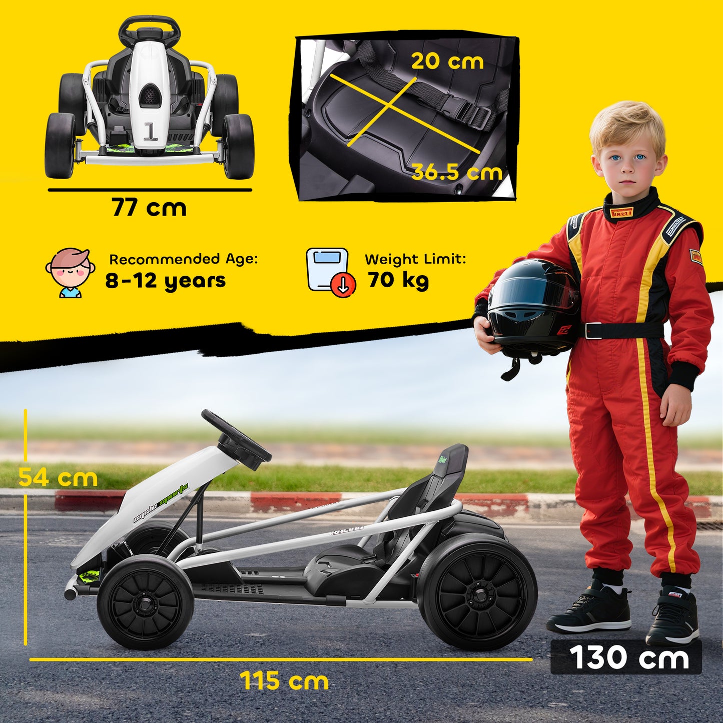 HOMCOM 24V Electric Go Kart for Kids, Drift Ride-On Racing Go Kart with 2 Speeds, for Boys Girls Aged 8-12 Years Old, White