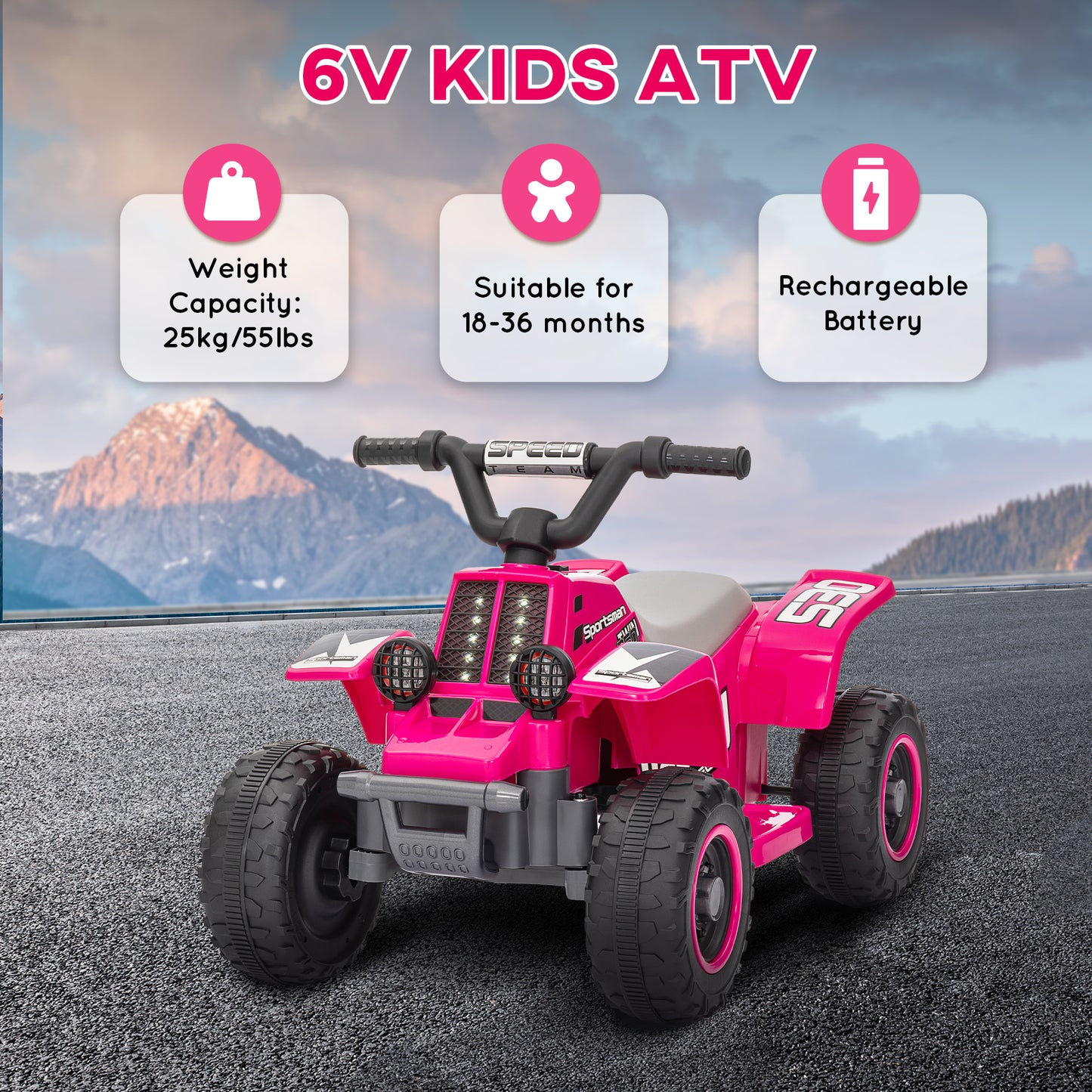 AIYAPLAY 6V Electric Quad Bike for Kids, Ride On ATV w/ Forward Backward, Headlights, for 18-36 Months, Pink