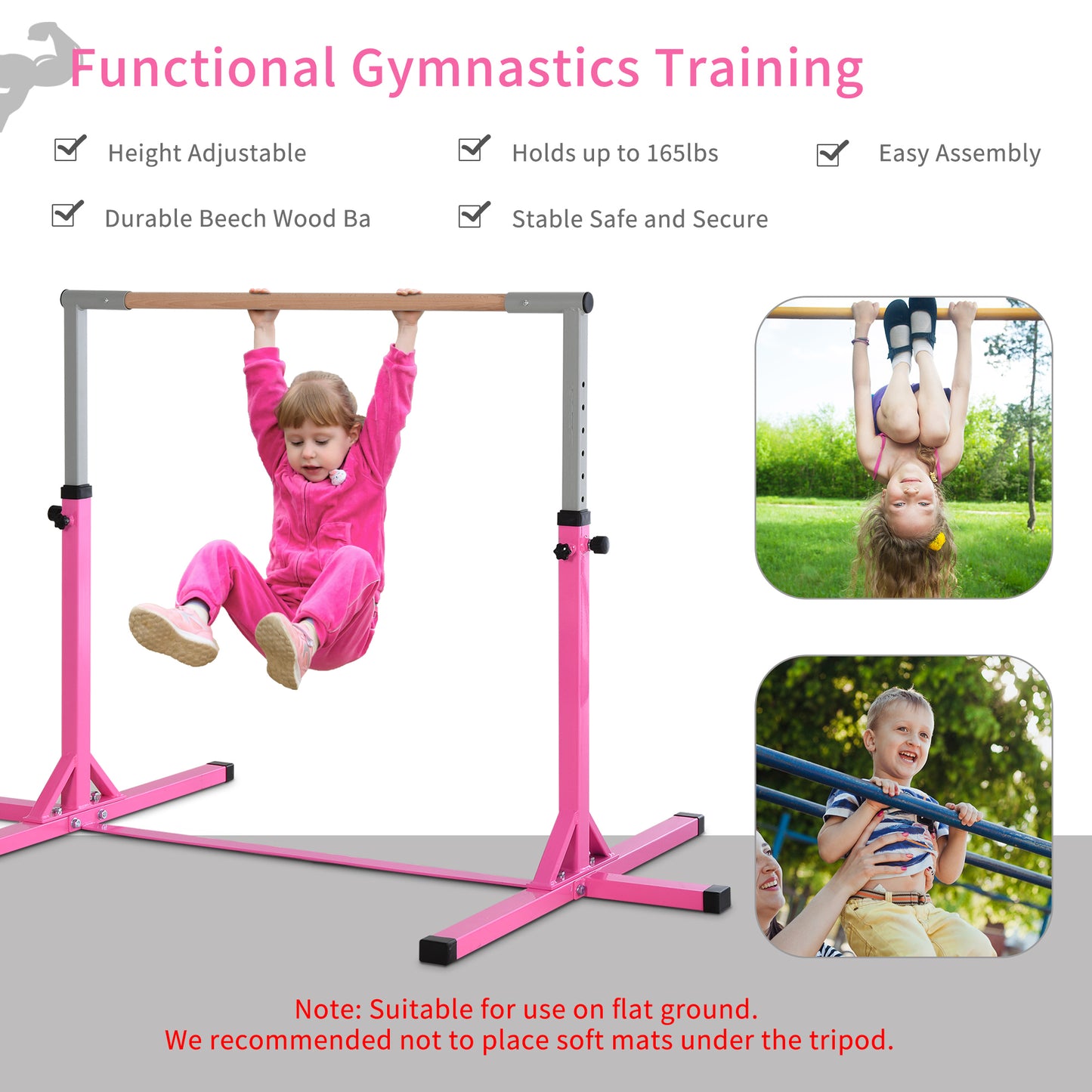 HOMCOM Height Adjustable Gymnastics Horizontal Bar for Kids, Children Junior Kip High Bar Fitness, Pink