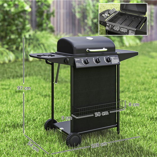 Outsunny 3+1 Burner Gas BBQ Grill, Portable Gas Barbecue Grill with Built-in Thermometer, Lid, Side Table, Shelf, Spice Rack, Wheels, Grease Cup for Garden Party Outdoor Cooking, Black