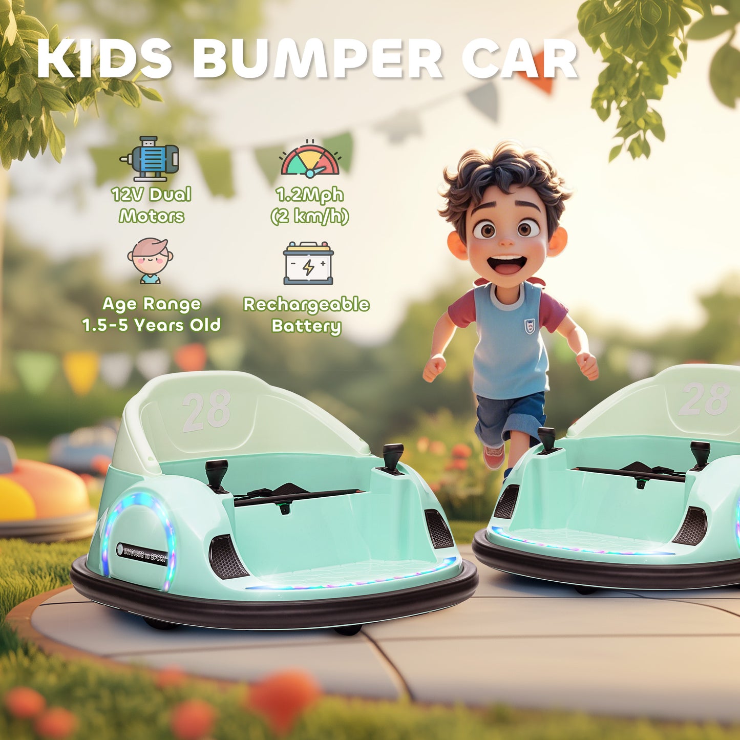 AIYAPLAY 360° Rotation Kids Bumper Car, 12V Waltz Car with Remote Control, Dual Joystick, Music, Lights, Green