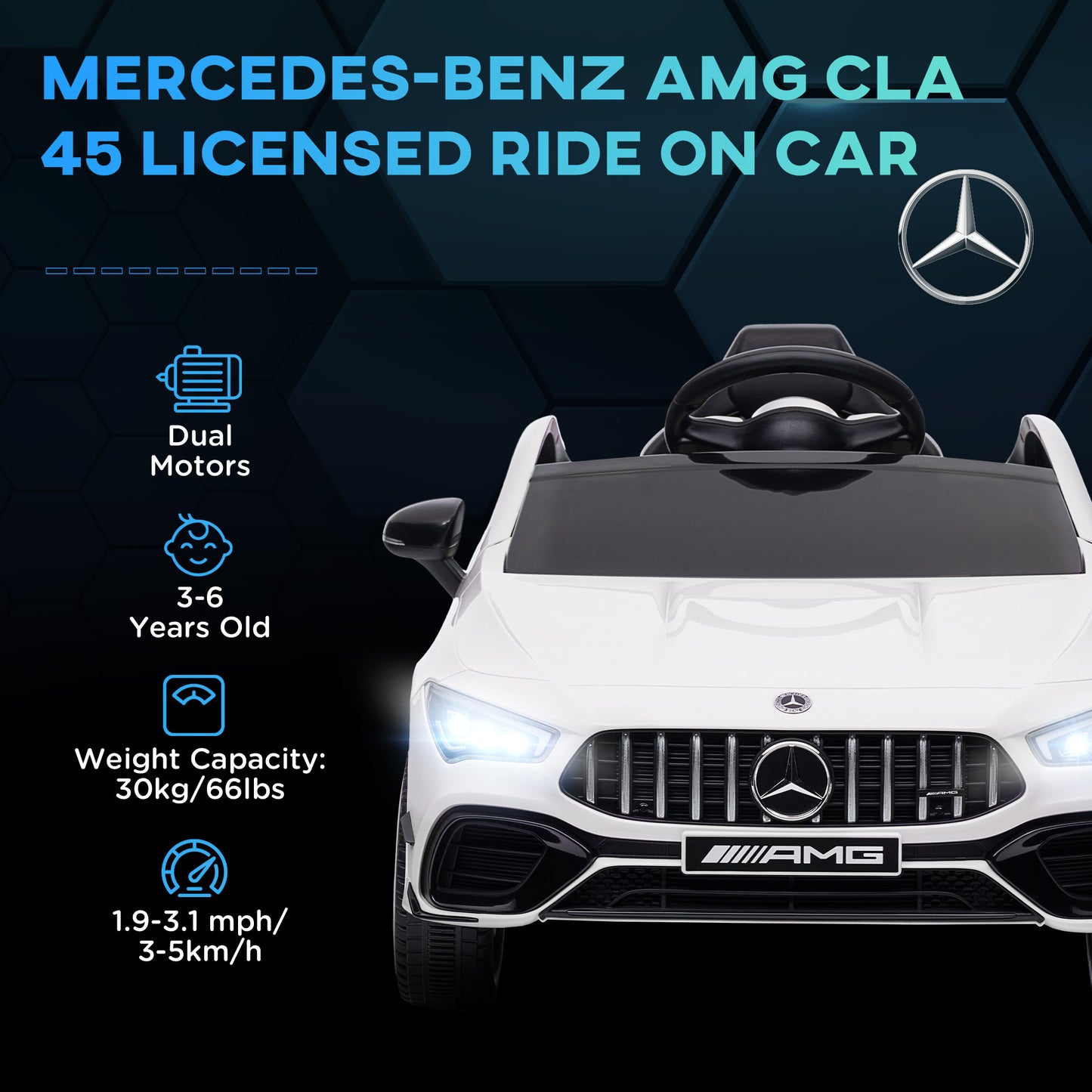 AIYAPLAY Mercedes-Benz AMG CLA 45 Licensed 12V Kids Electric Car Ride on Car w/ Remote, Suspension Lights Music Horn - White