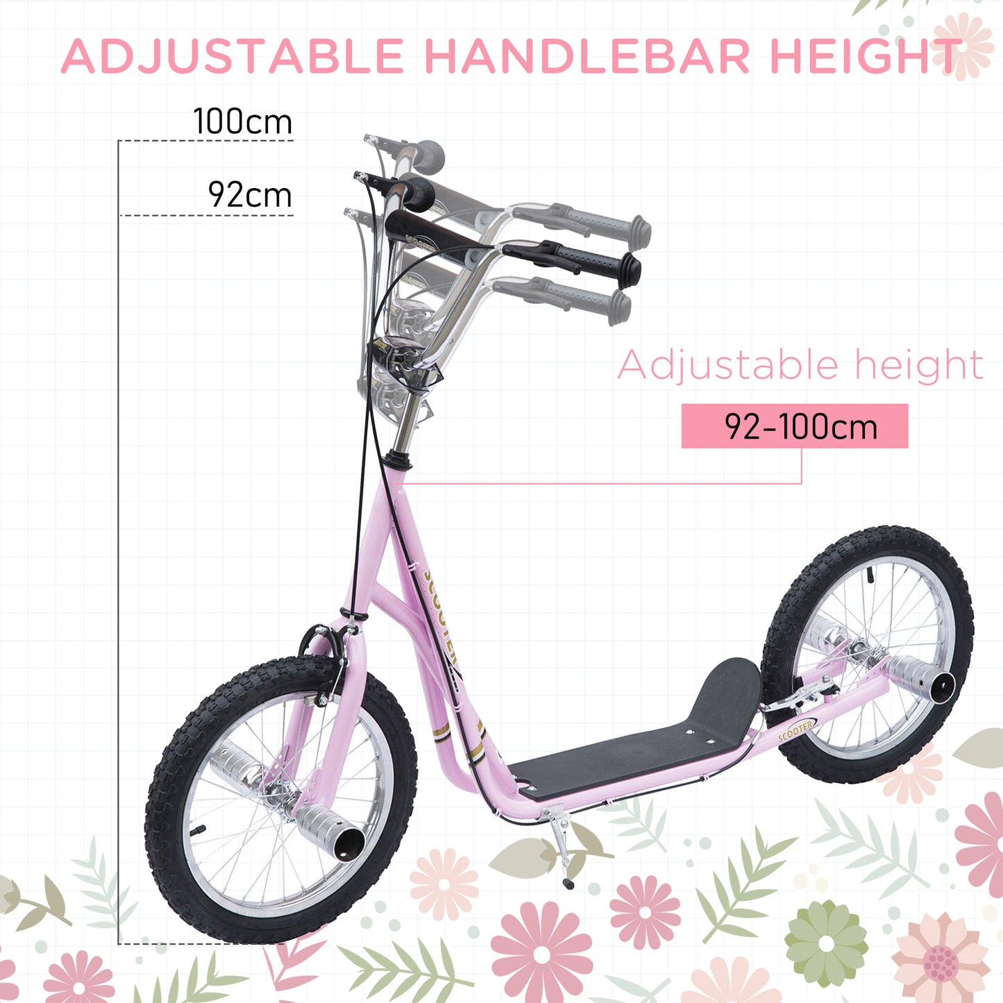 HOMCOM Stunt Scooter, Kids Scooter with 16" Big Wheels, Adjustable Height, Dual Brakes, for Ages 5+ Years, Pink