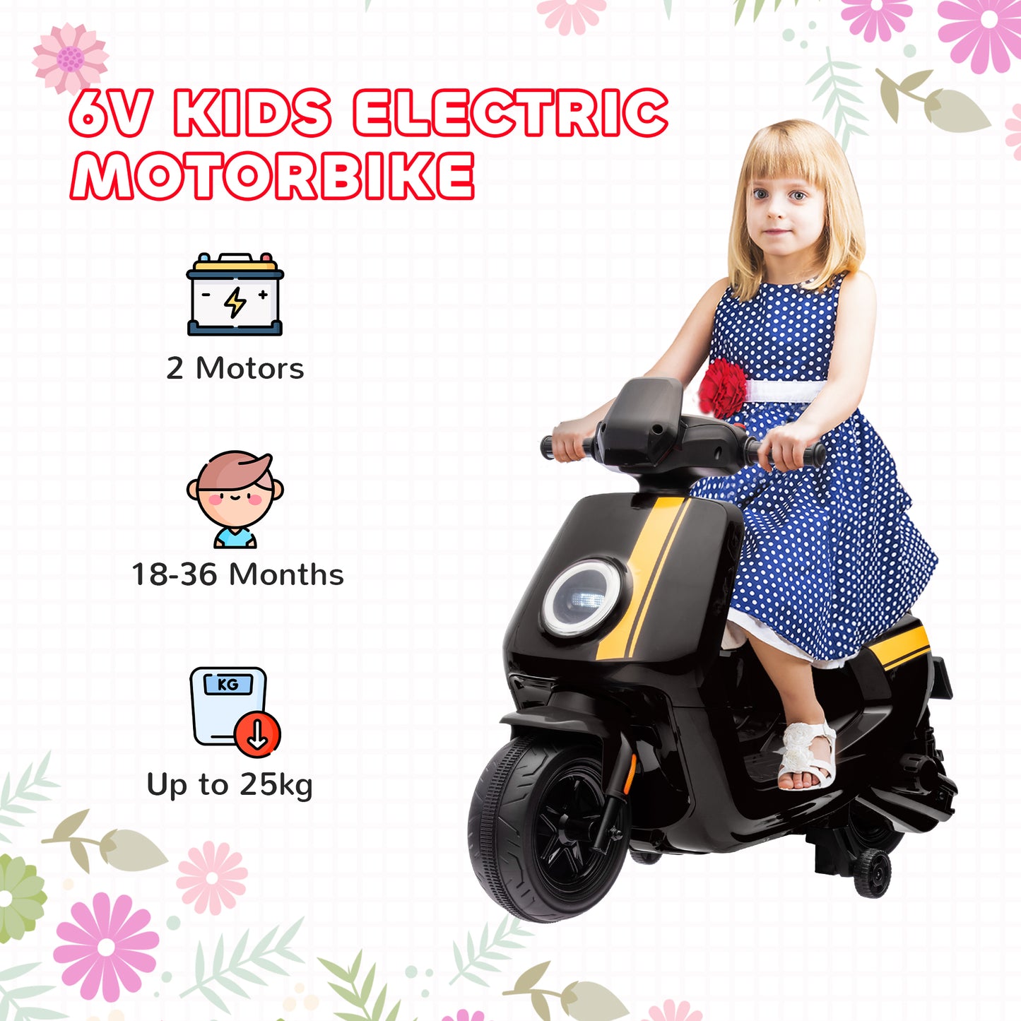 AIYAPLAY 6V Ride on Motorbike, Kids Electric Motorbike w/ Headlights, Music, Training Wheels, for Ages 18-36 Months, Black