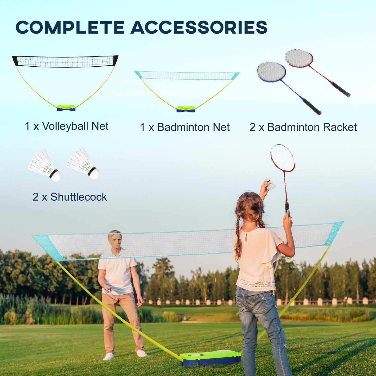 SPORTNOW Portable Badminton Net Set w/ Volleyball Net, Rackets, Shuttlecocks