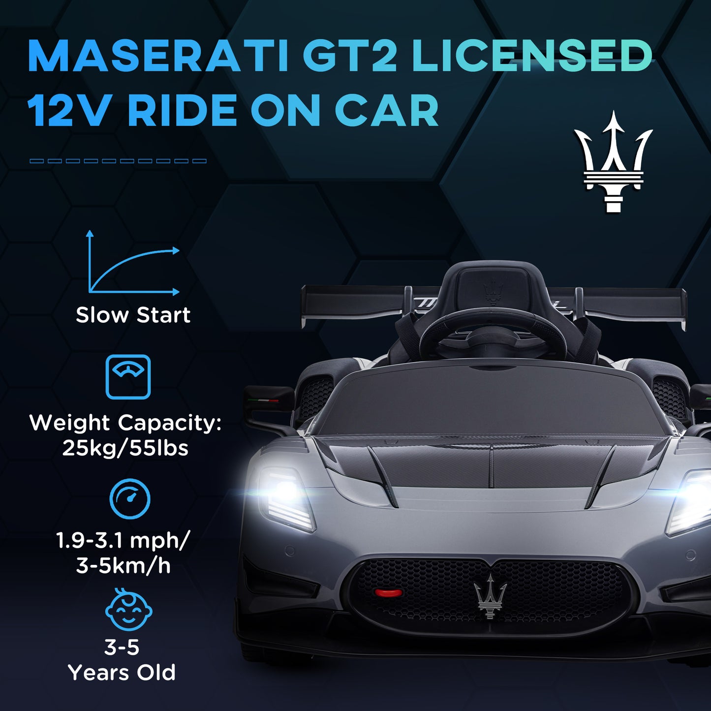 AIYAPLAY Maserati GT2 Licensed 12V Kids Electric Ride on Car with 4 Suspension Wheels, Remote Control, Music, Horn, Lights, Grey