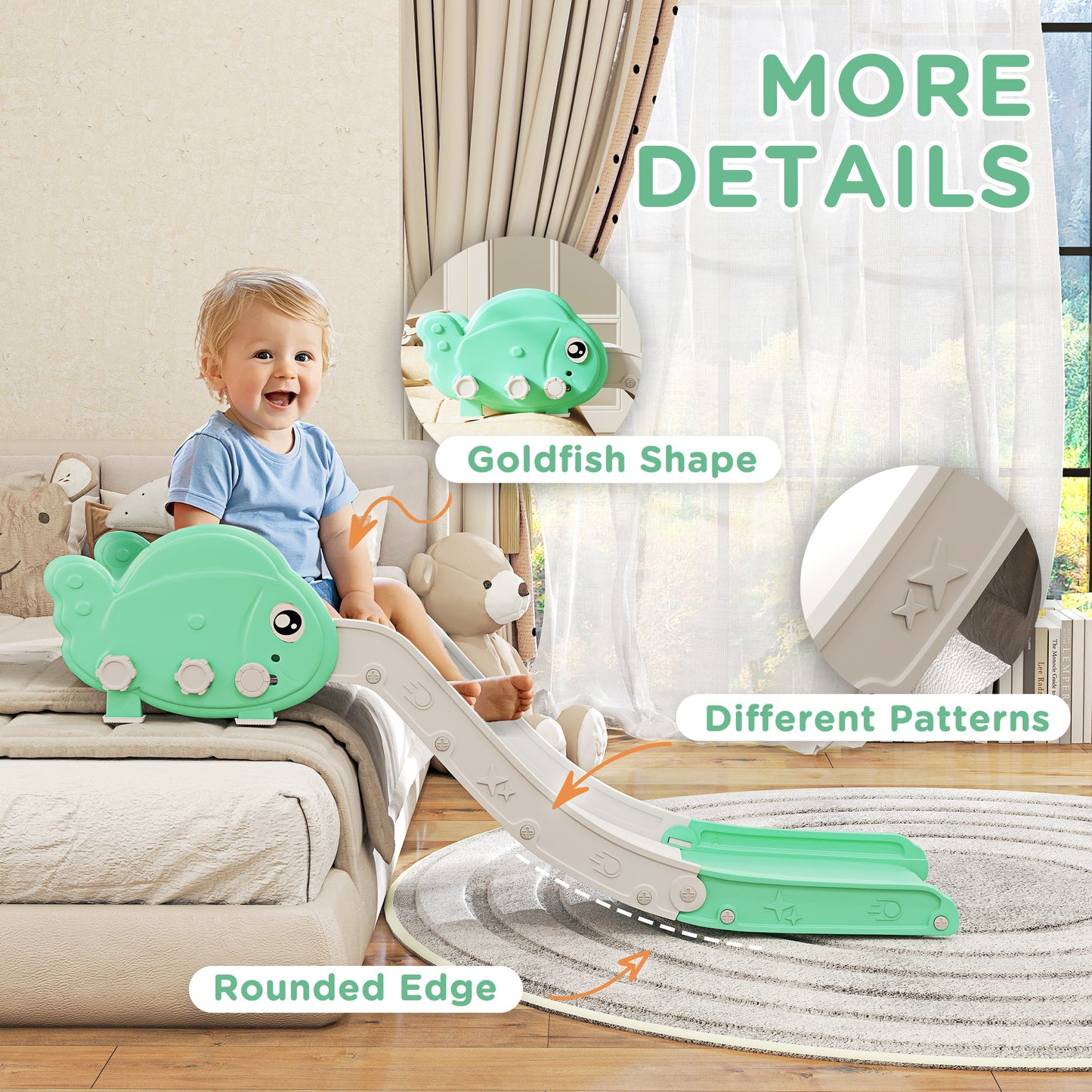 AIYAPLAY Kids Sofa Slide with 130cm Extended Length, HDPE Toddler Slide for Sofa, Bed, Stairs, Easy Assemble & Storage, Green