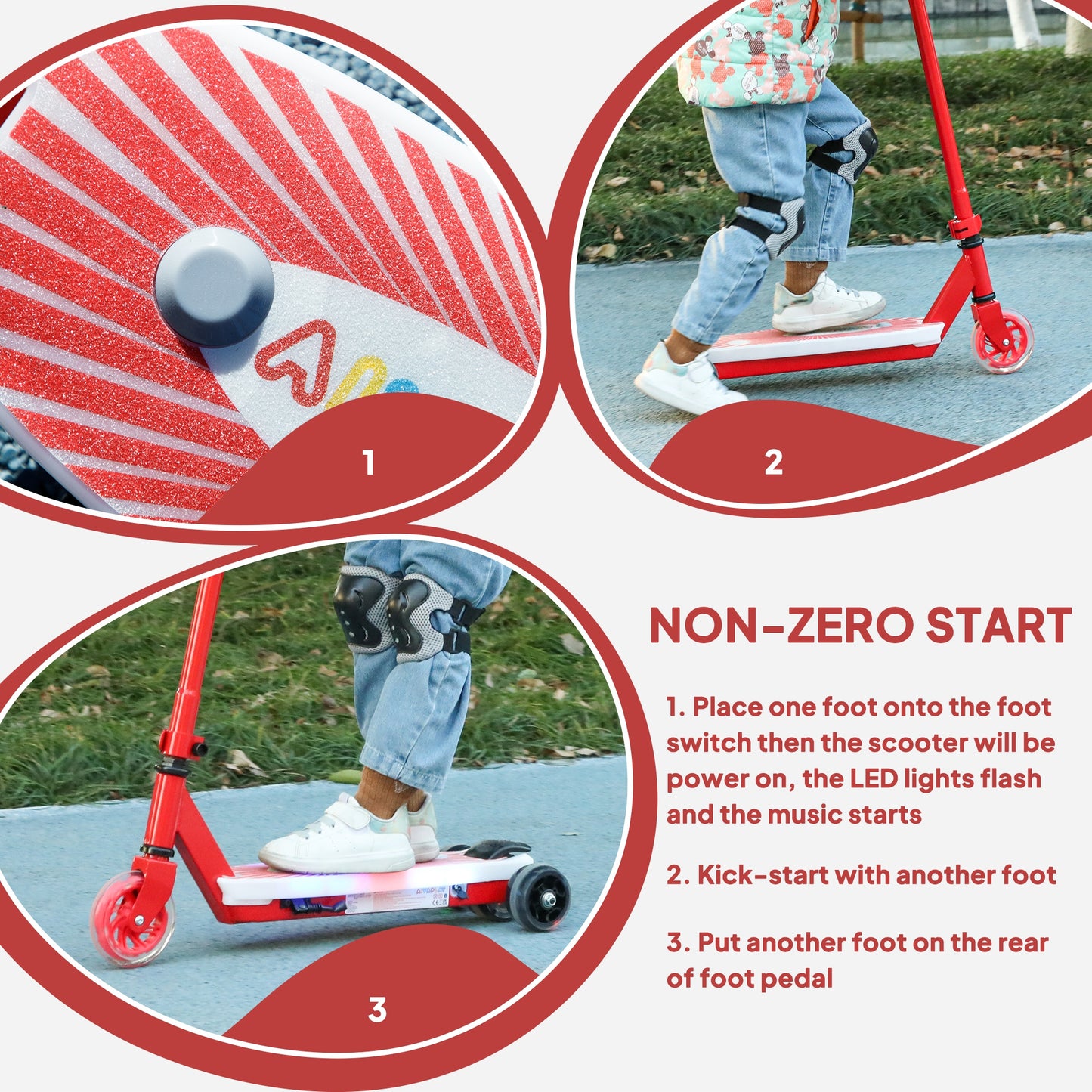 AIYAPLAY Electric Scooter for Kids Aged 4-7 Years, with Flashing LED Lights, Rear Auxiliary Wheels, Red