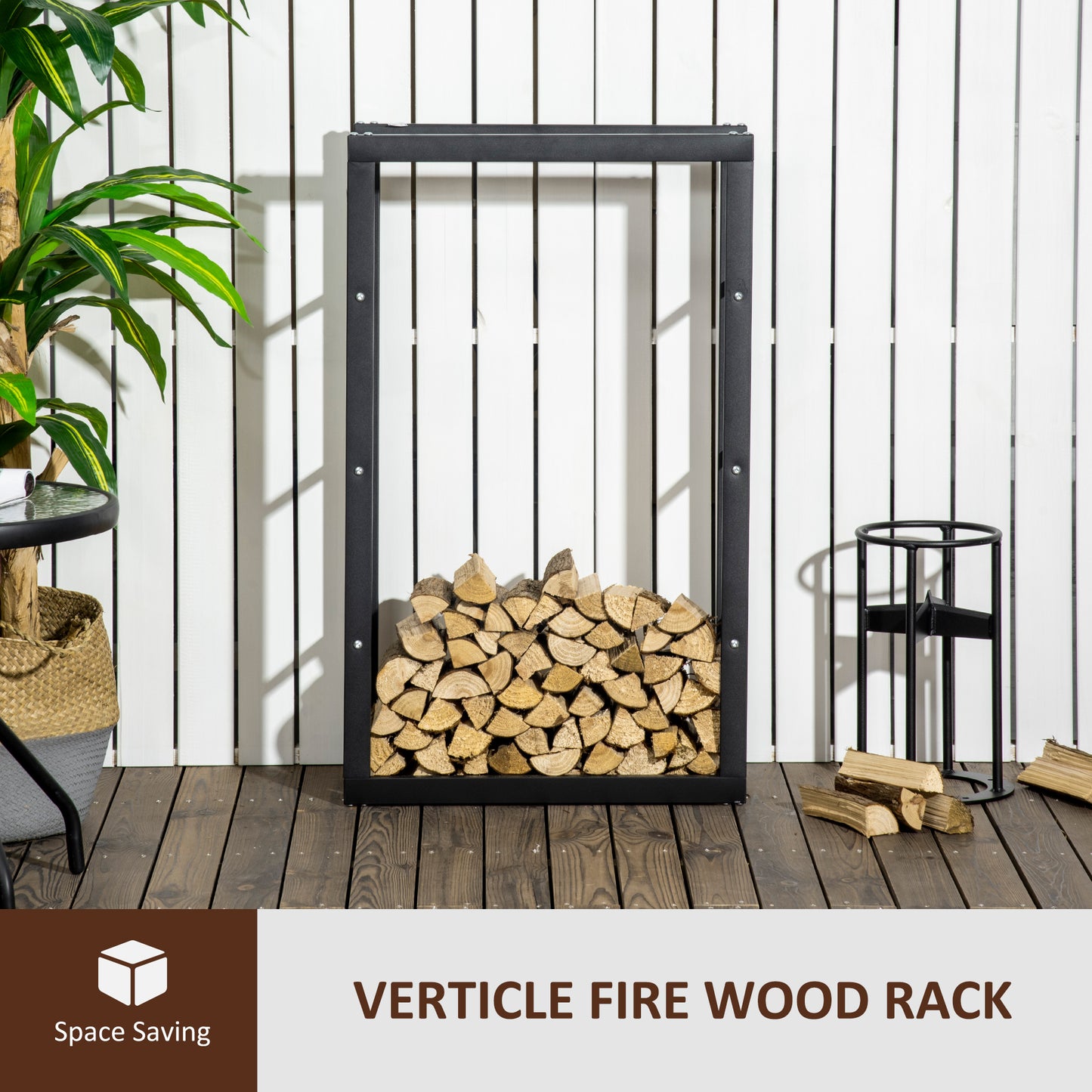 HOMCOM Metal Firewood Log Holder Tall Firewood Rack Indoor Outdoor Fireplace Wood Storage Shelf with Side Rails, Rust-Resistant, Black, 60W x 25D x 100H cm