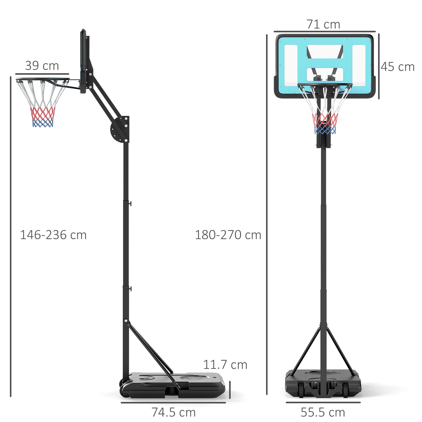 SPORTNOW Fully Adjustable Basketball Hoop Outdoor, 146-236cm Basketball Hoop and Stand with Weighted Base and Shatterproof Backboard, Portable on Wheels for Junior, Adults