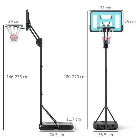 SPORTNOW Fully Adjustable Basketball Hoop Outdoor, 146-236cm Basketball Hoop and Stand with Weighted Base and Shatterproof Backboard, Portable on Wheels for Junior, Adults