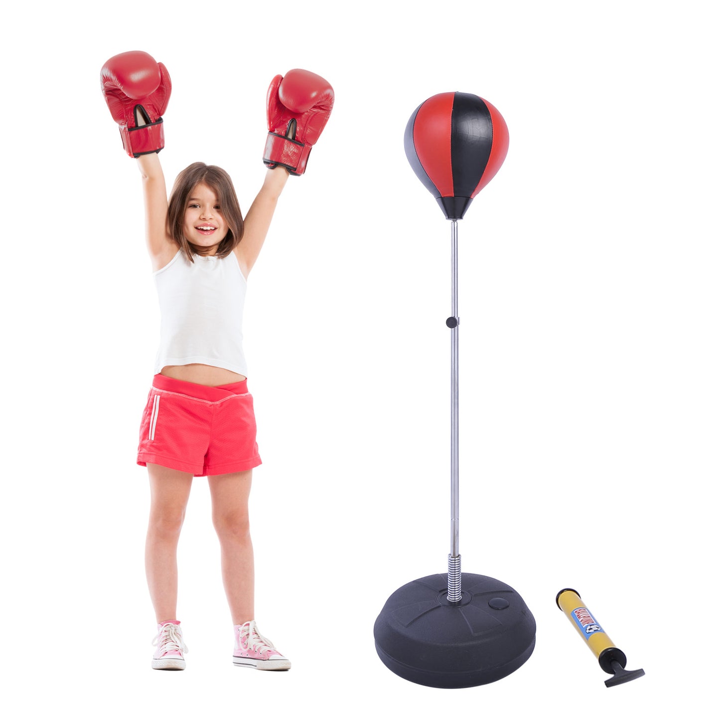 HOMCOM Training Boxing Punch Ball Set 125-145H x ?43cm with Gloves Air Pump, 4-Position Adjustable Height Freestanding Boxing Speed Ball for Teenagers Exercise Training