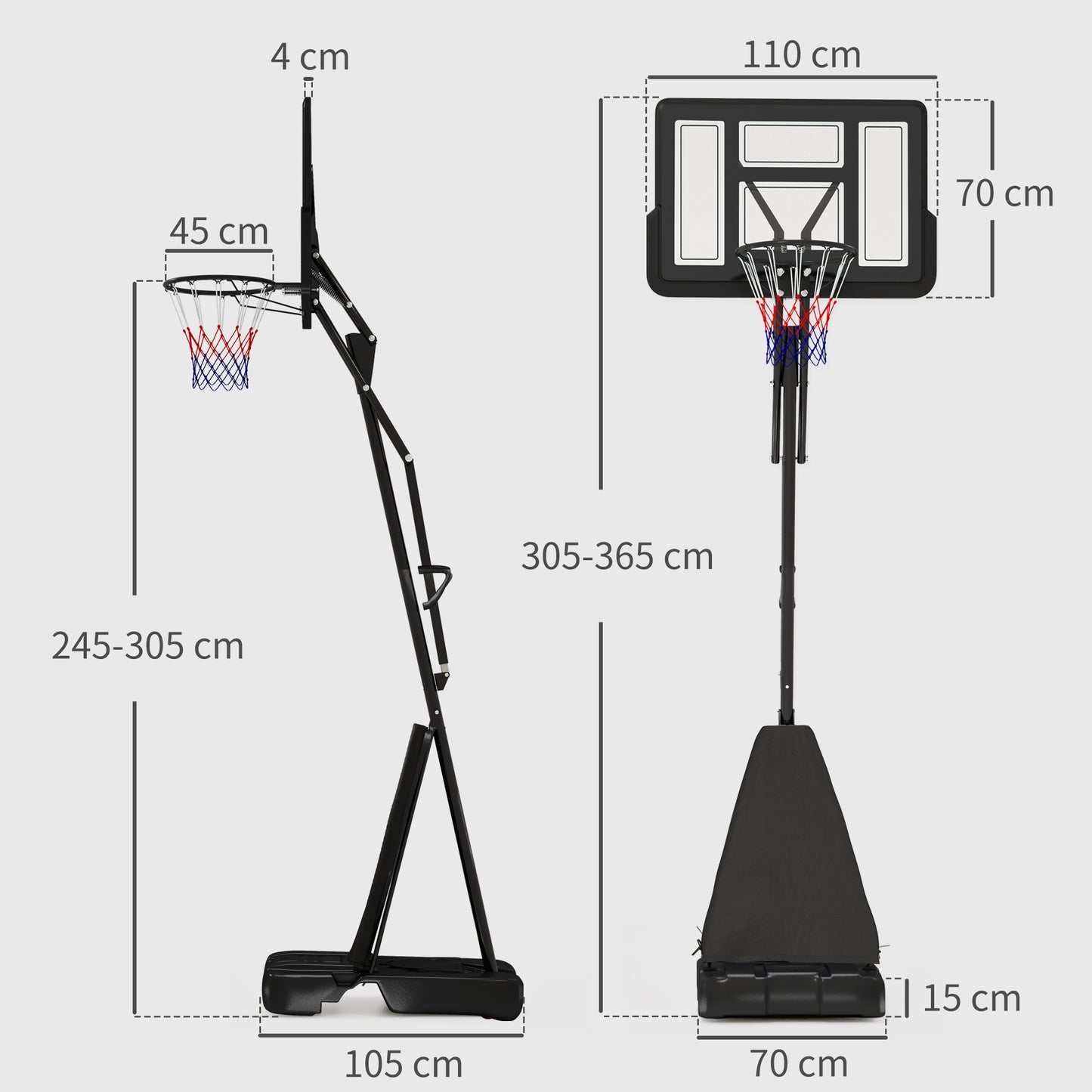 SPORTNOW 245-305cm Adjustable Basketball Hoop and Stand, with Wheels, Black