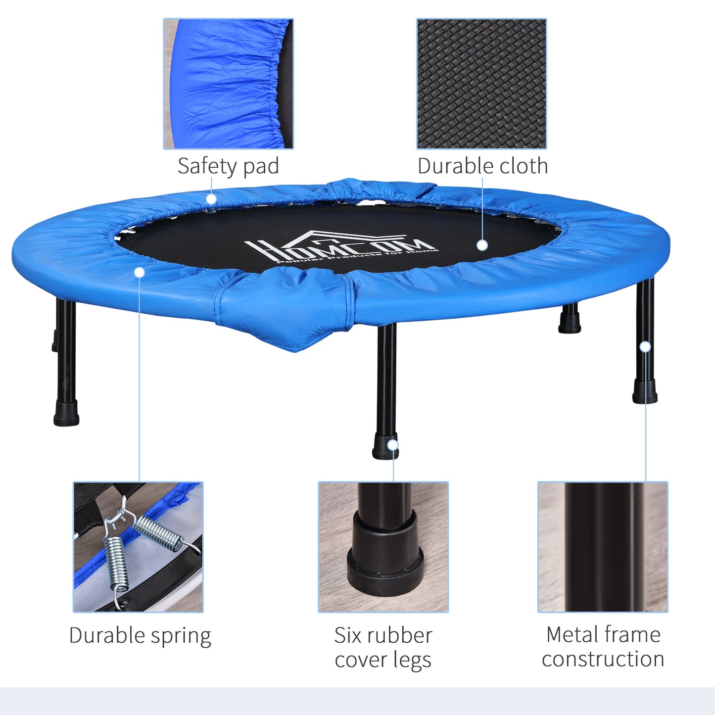 HOMCOM ?101 Mini Fitness Trampoline Home Gym Yoga Exercise Rebounder Indoor Outdoor Jumper with Safety Pad, Support Up to 100 KG, Blue and Black