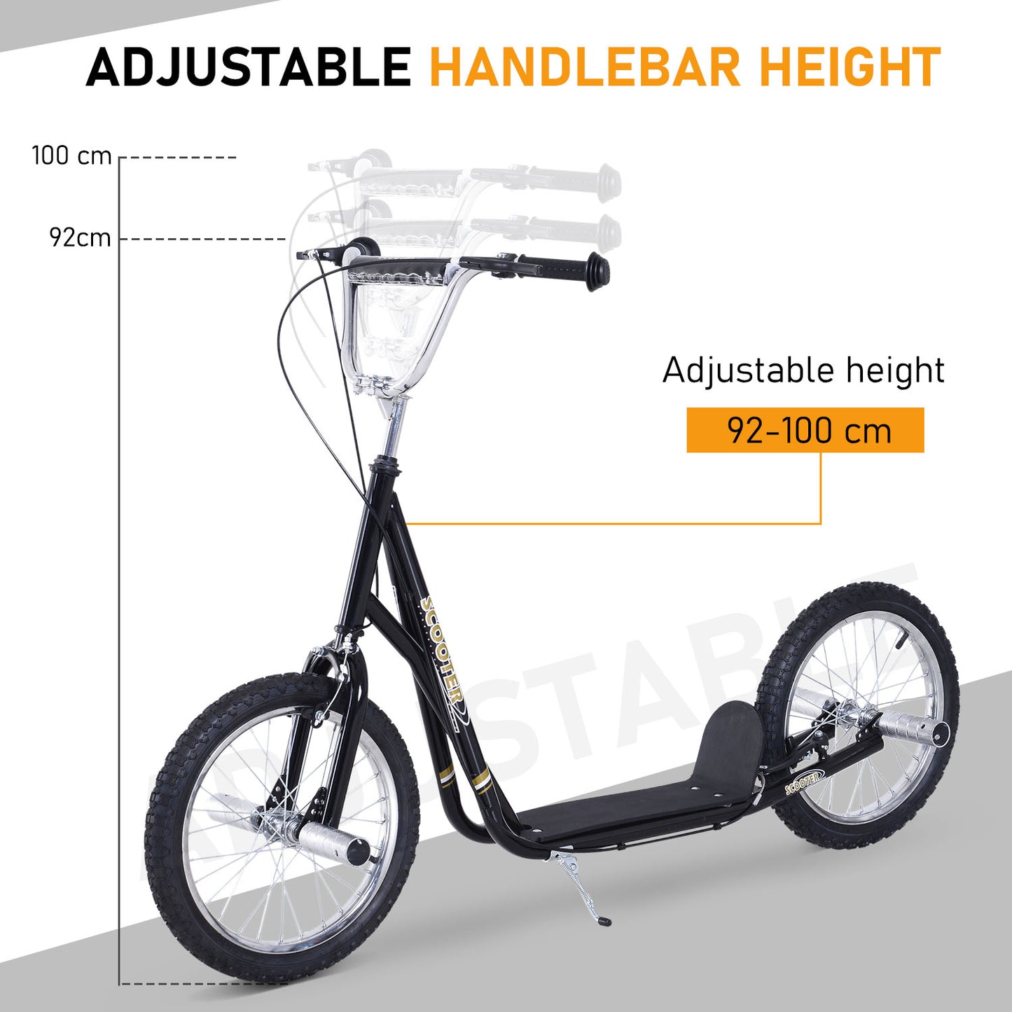 HOMCOM Stunt Scooter, Kids Scooter with 16" Big Wheels, Adjustable Height, Dual Brakes, for Ages 5+ Years, Black