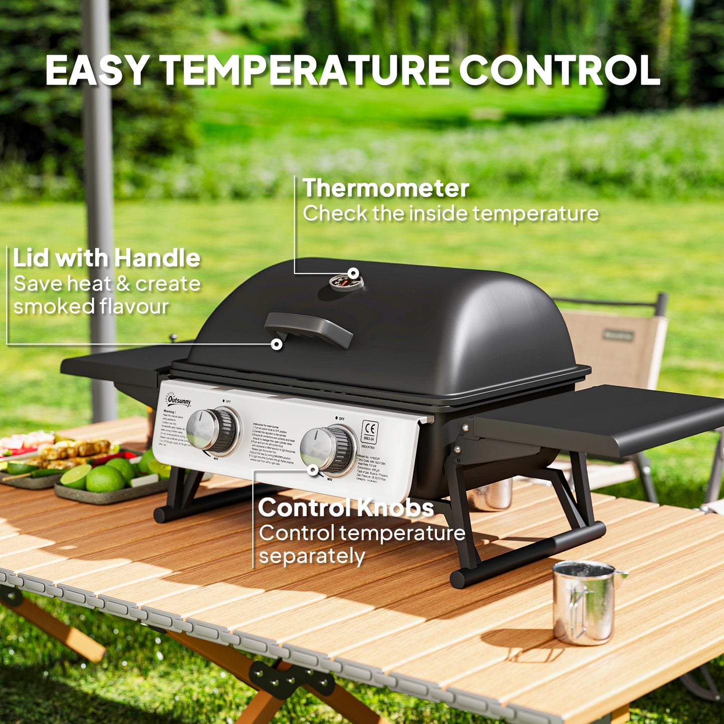 Outsunny 2 Burner Gas BBQ Grill with Foldable Side Tables, Portable Tabletop Gas Barbecue Grill with Built-in Thermometer, Lid, Grease Tray for Garden Party Camping Picnic Outdoor Cooking 5.6KW, Black
