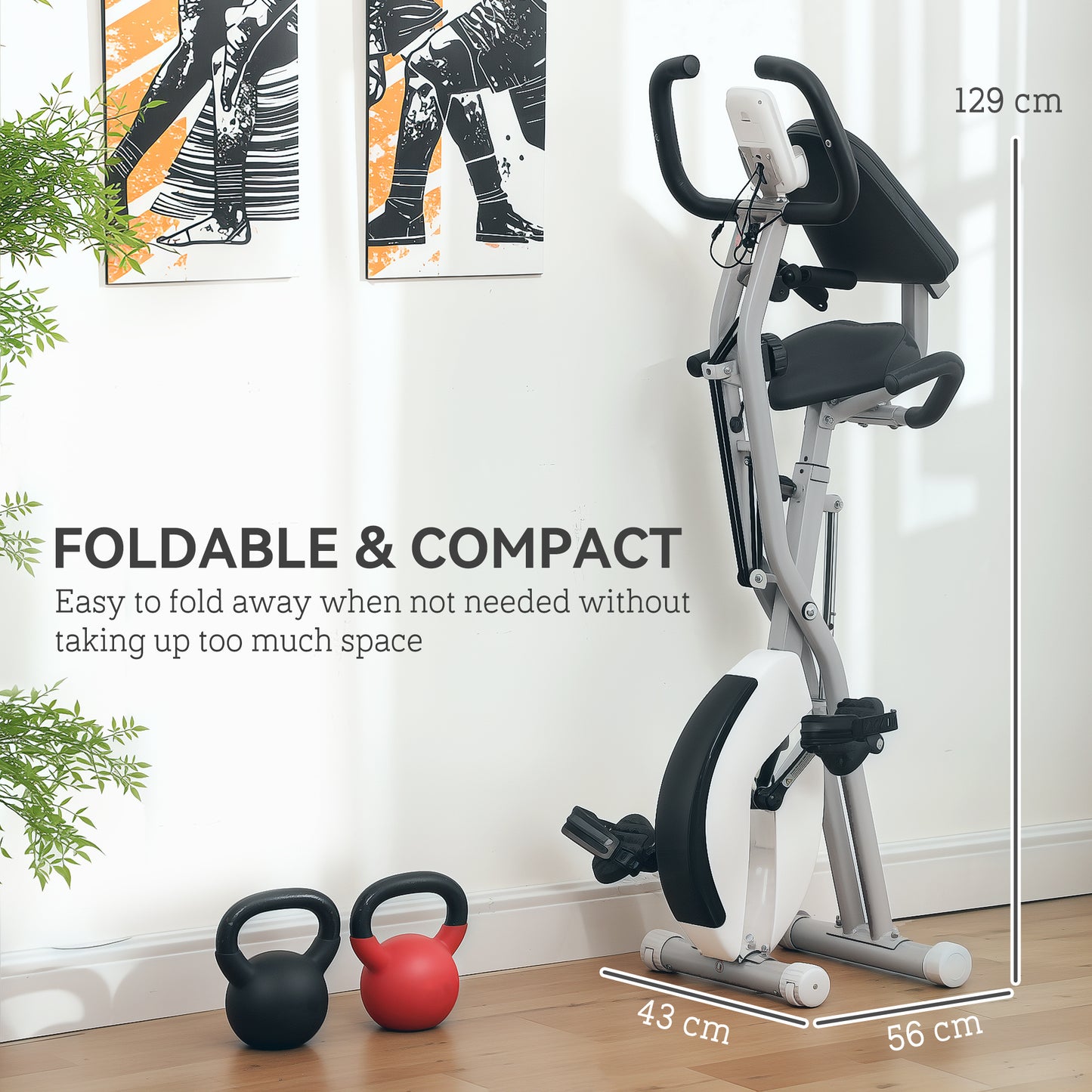 SPORTNOW Five-in-one Foldable Exercise Bike, Stationary Bike with Arm Workout Bands, LDC Monitor, Phone Holder, White