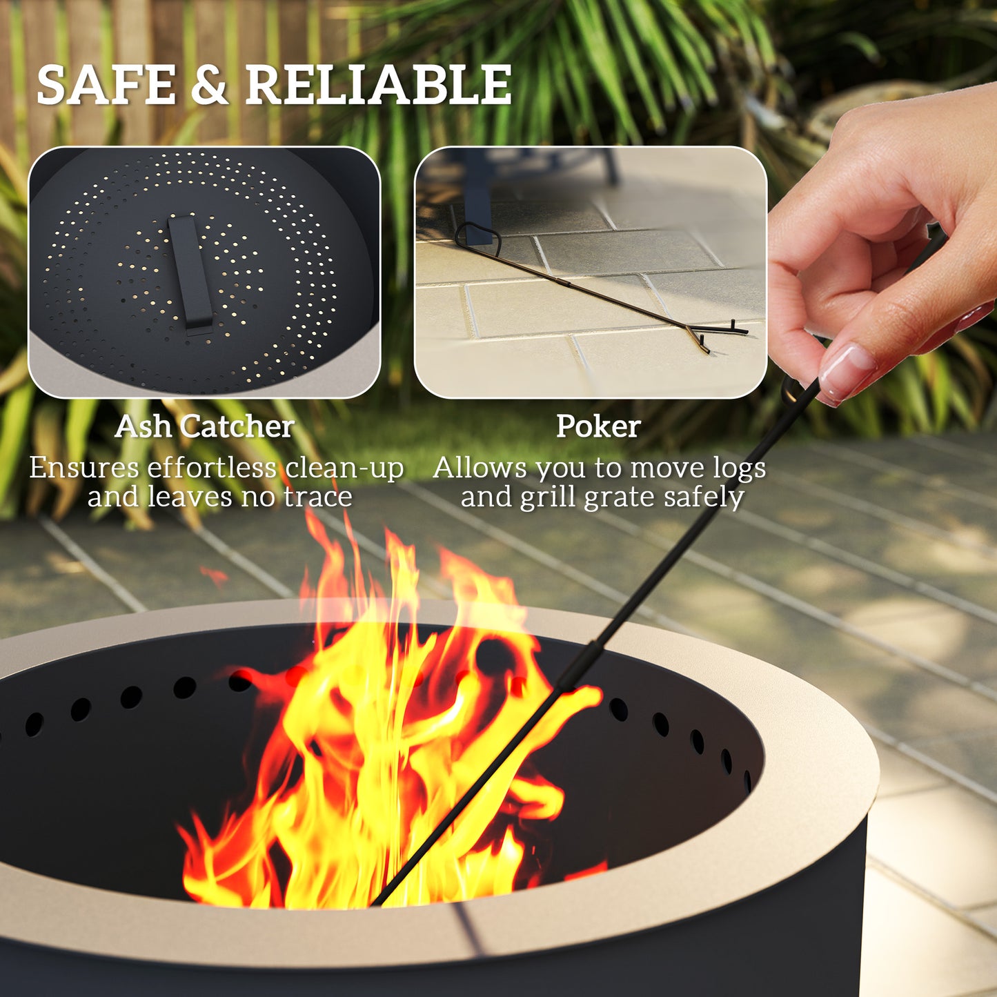 Outsunny Portable Fire Pit, 58 cm Round Firepit with Grill Grate, Fire Bowl with Ash Catcher and Poker, Fire Pit BBQ for Garden Camping Bonfire Picnic, Black