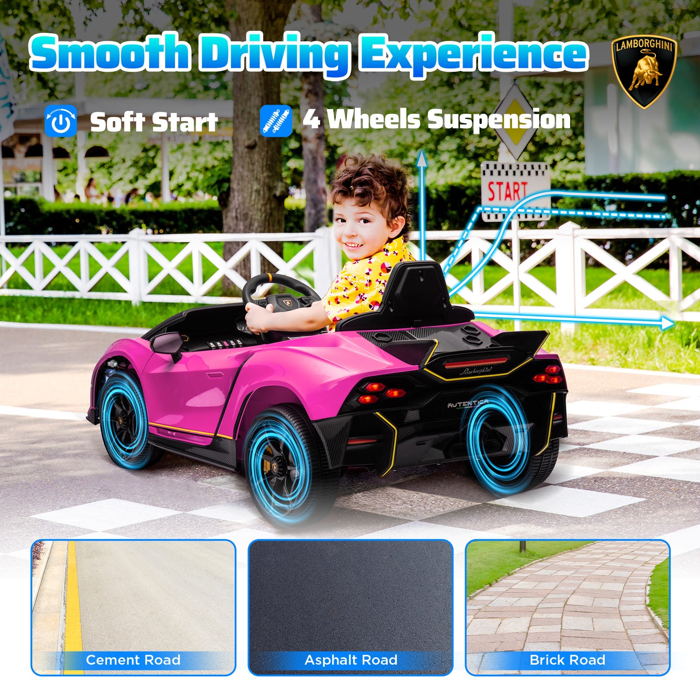 AIYAPLAY 12V Lamborghini Autentica Licensed Kids Electric Car with Remote Control, 4 Suspension Wheels, Soft Start, Pink