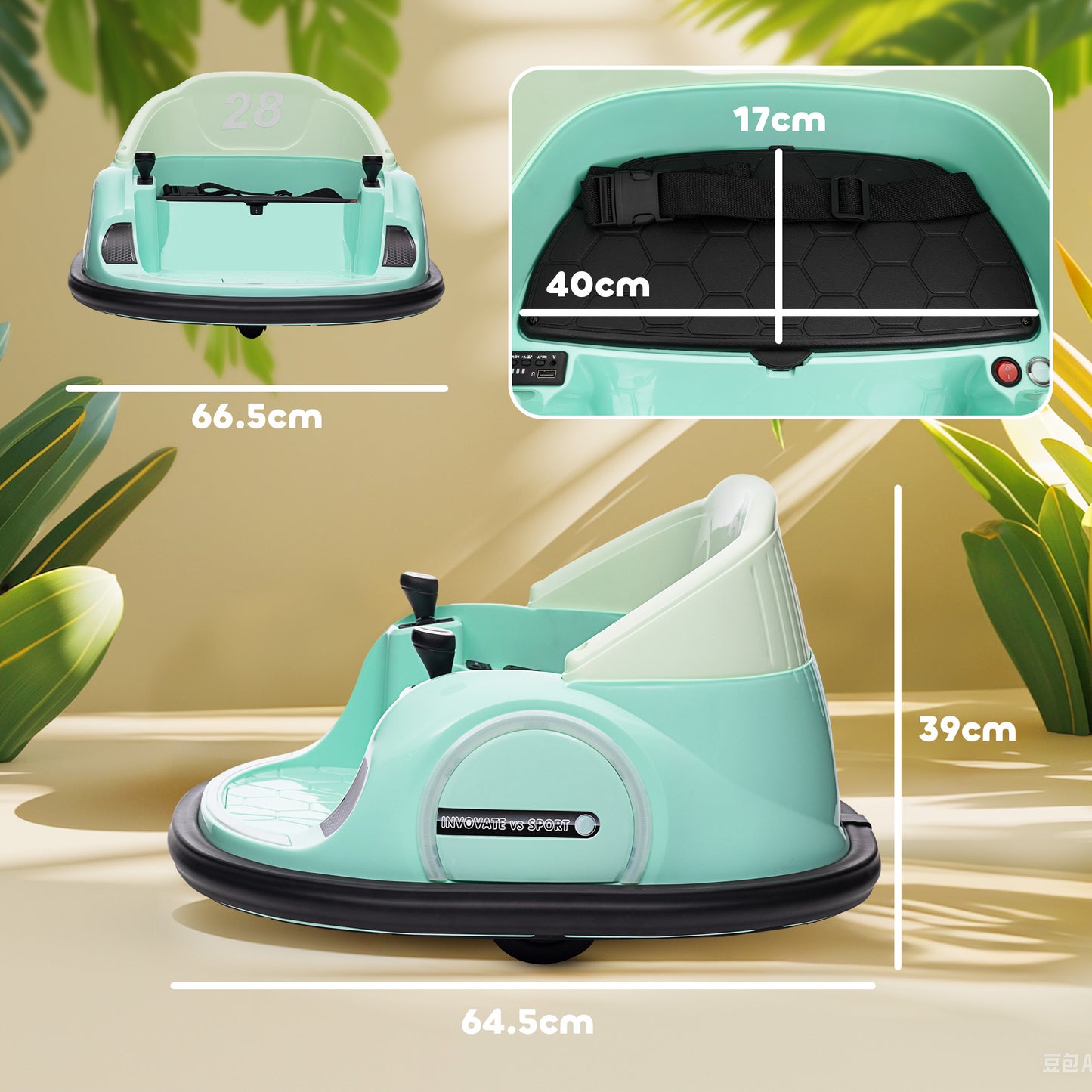 AIYAPLAY 360° Rotation Kids Bumper Car, 12V Waltz Car with Remote Control, Dual Joystick, Music, Lights, Green