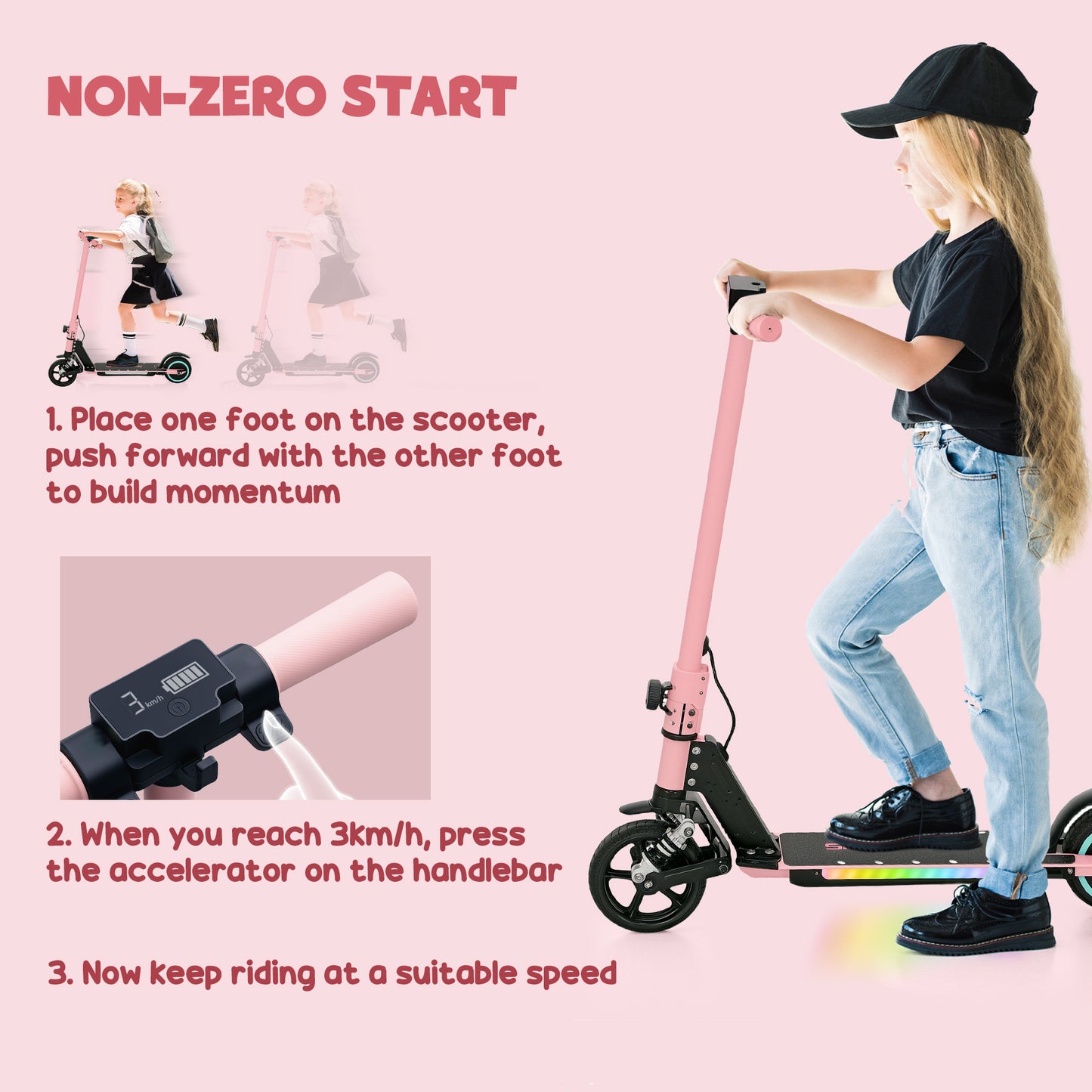 SPORTNOW Electric Scooter for Kids, Folding E Scooter for Age 6-14 with Dual Brakes, Up to 14 KM/H, Maximum Range 6 KM, 6.8kg Lightweight, Front Suspension, LED Colourful Lights, Pink