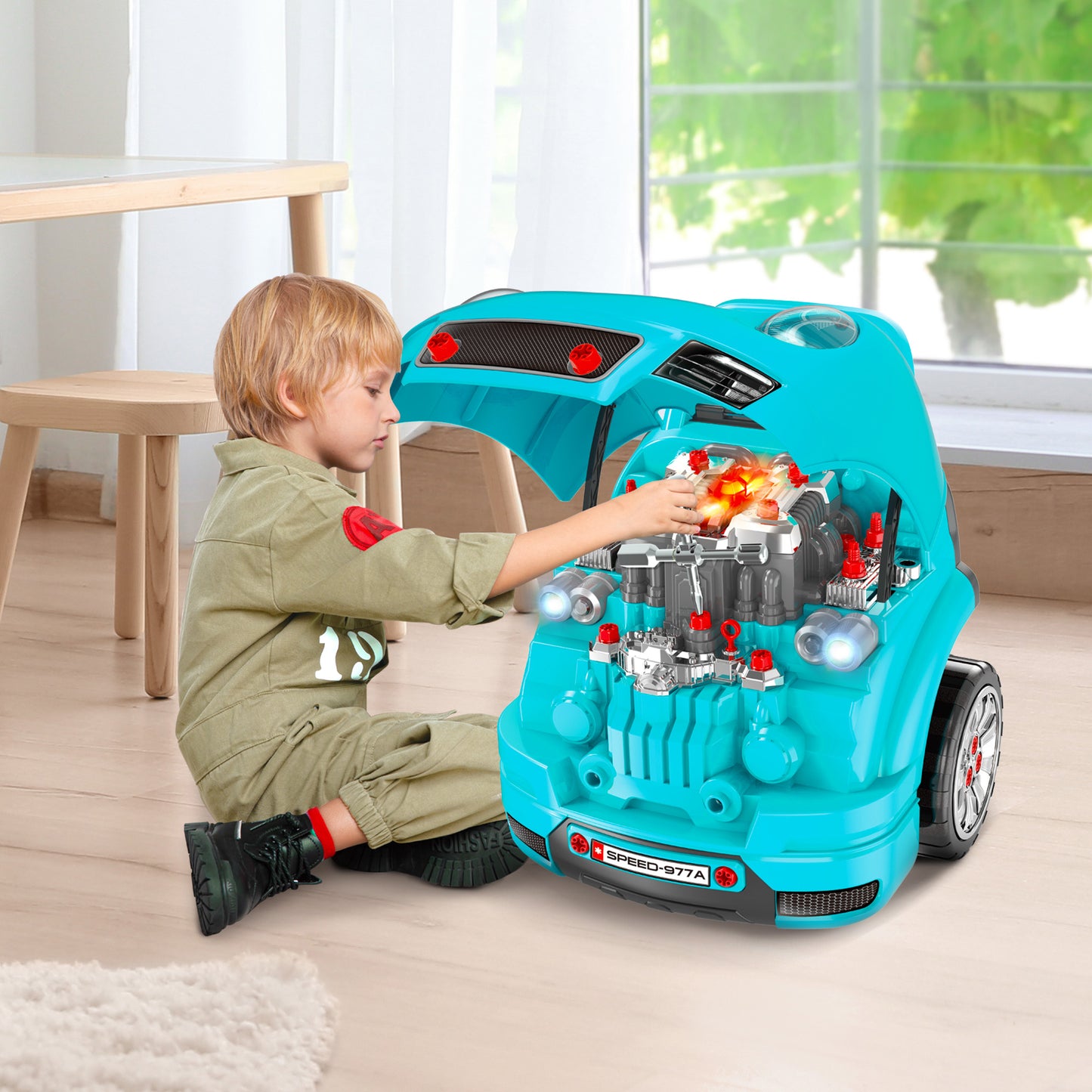 HOMCOM Kids Truck Engine Toy Set, Toddler Educational Car Service Station Playset with Horn, Light, RC Key, DIY Stickers, Four Adjustable Gears for Ages 3-5 Years, Teal