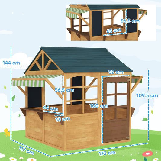AIYAPLAY Wooden Playhouse for Kids, Foldable Wendy House with Windows, Working Door, Service Stations, Rain Covers, Brown