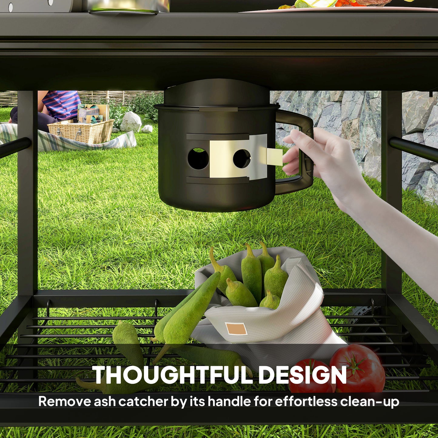 Outsunny Charcoal BBQ Grill with Foldable Front Side Shelf, Portable Barbecue Smoker with Warming Rack, Bottom Shelf, Lid, Temperature Gauge, Wheels for Outdoor Cooking Garden Party, Black