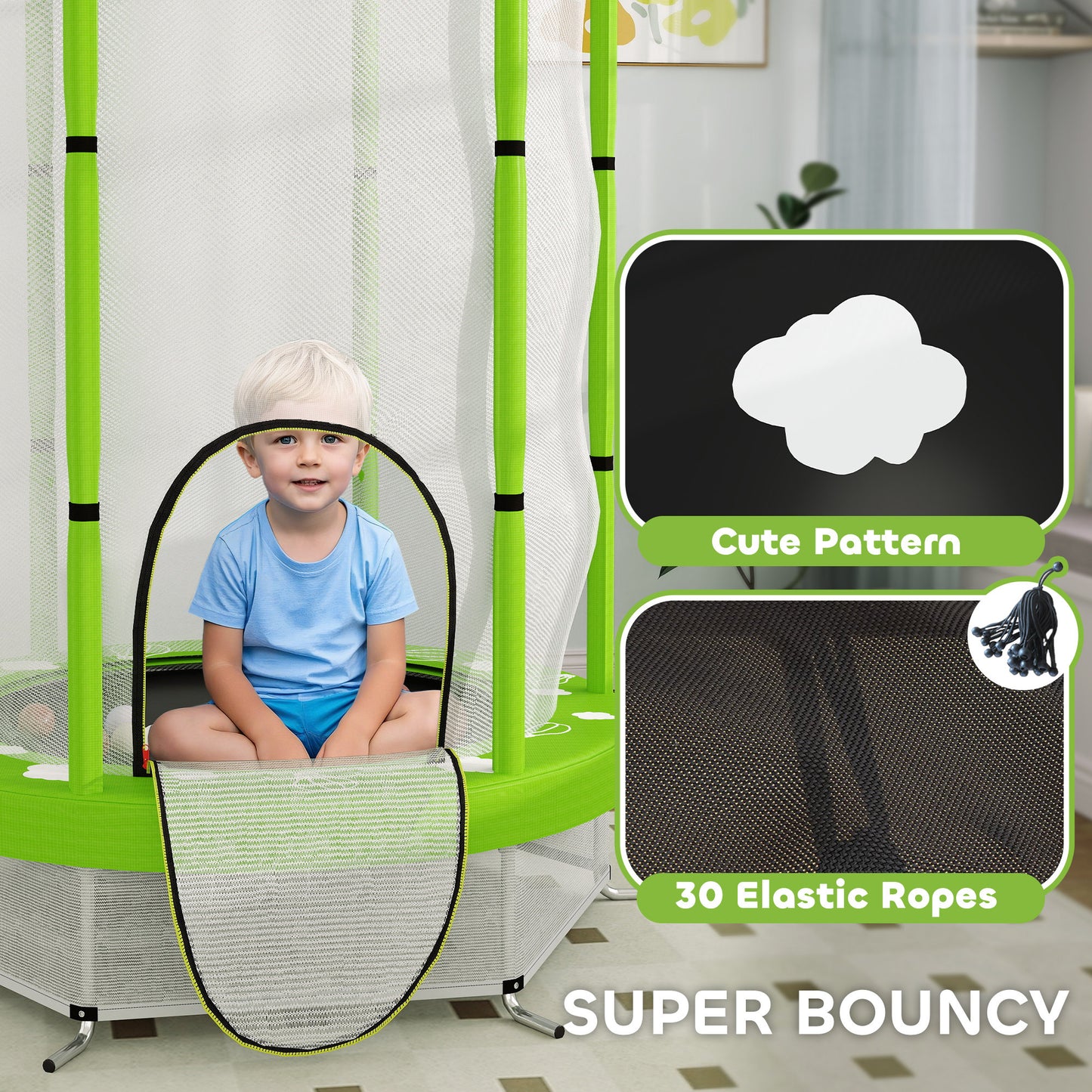AIYAPLAY 4.6ft Toddler Trampoline w/ Safety Enclosure Net, for Indoor Outdoor Use, Ages 3-6 Years, Green