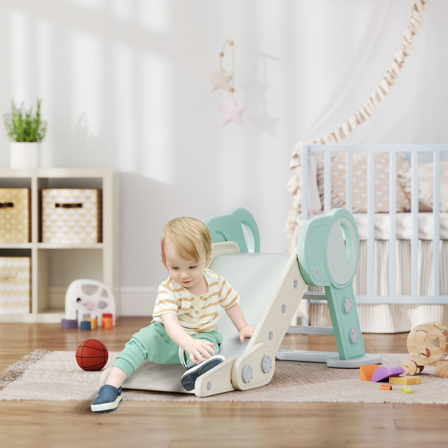 AIYAPLAY Foldable Kids Slide, Freestanding Baby Slide, for Ages 1.5-3 Years, Grey & Green