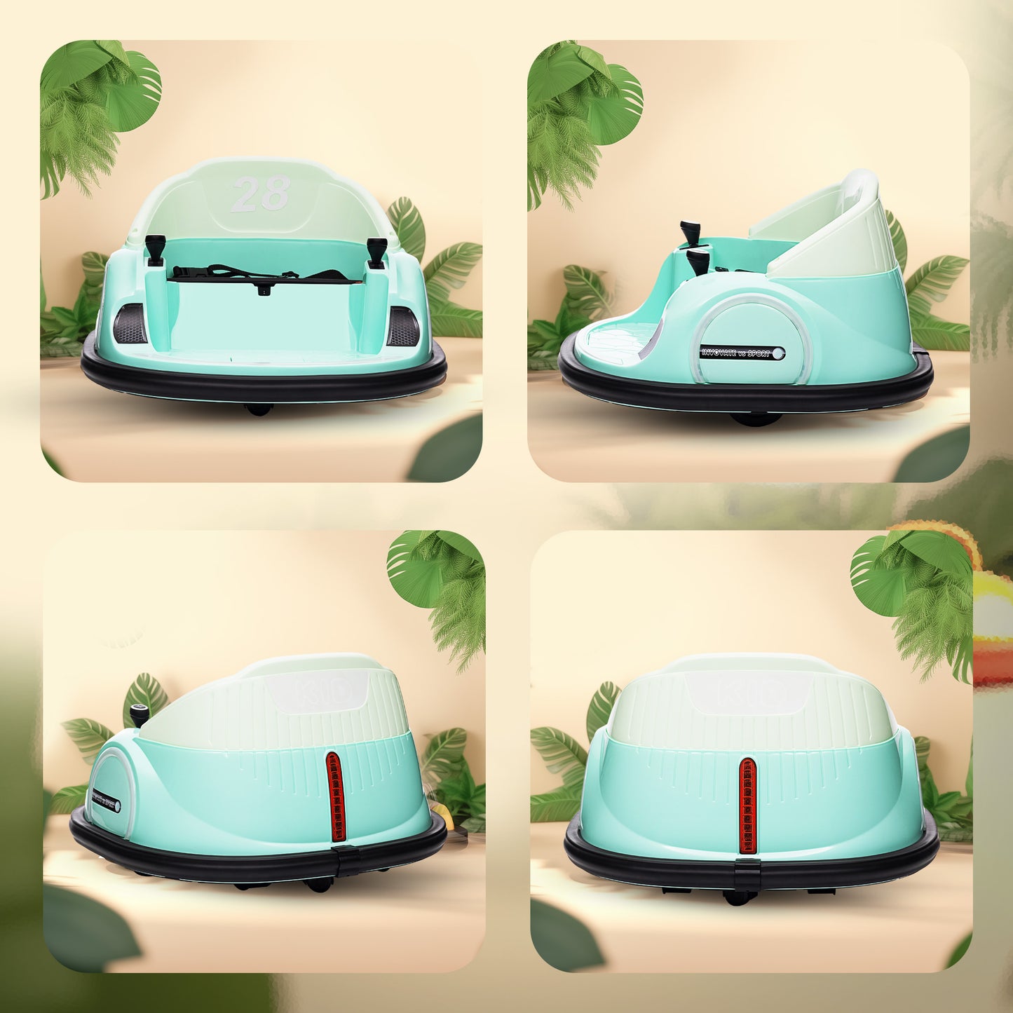 AIYAPLAY 360° Rotation Kids Bumper Car, 12V Waltz Car with Remote Control, Dual Joystick, Music, Lights, Green