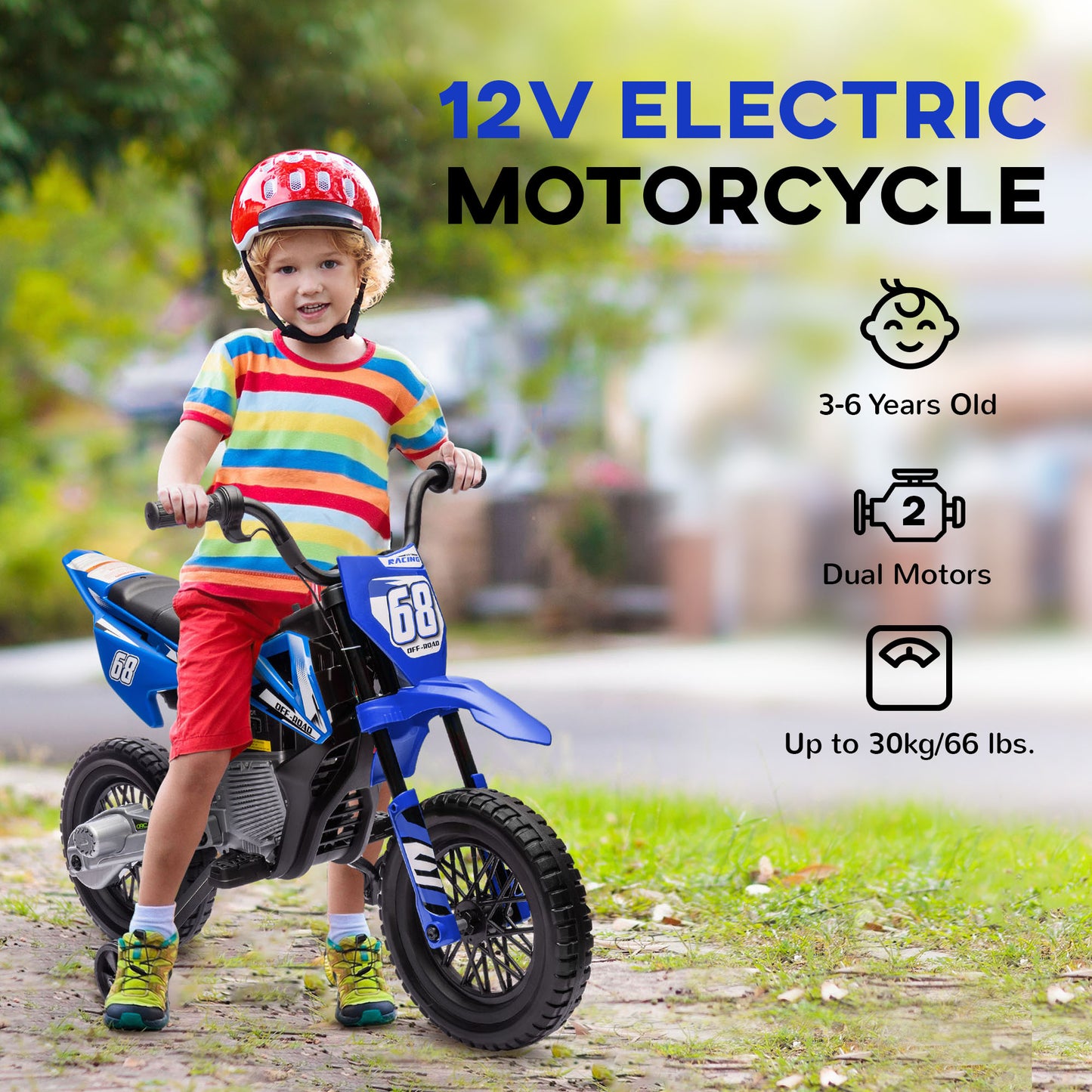 AIYAPLAY 12V Kids Electric Motorbike, Kids Electric Ride on motorcycle w/ Twist Grip Throttle, Training Wheels, Blue