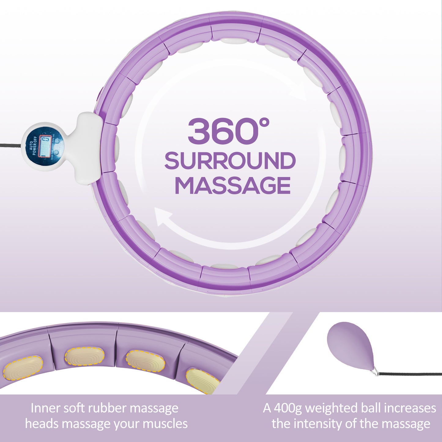 SPORTNOW Smart Weighted Hula Hoop, Massage Hula Ring w/ 16 Detachable Knots, 360° Auto-Rotating Ball, Digital Counter, Purple