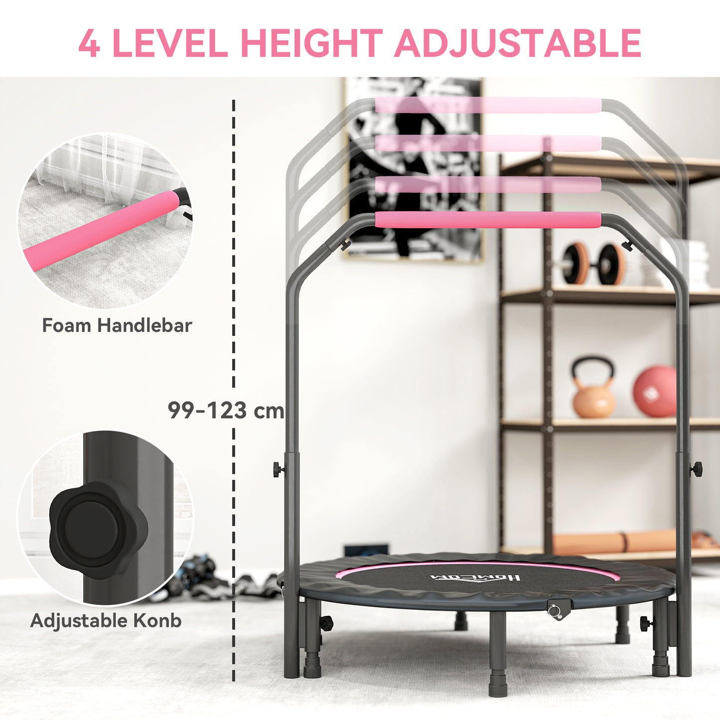 HOMCOM 45" Foldable Mini Fitness Trampoline, with Adjustable Foam Handle, Pink