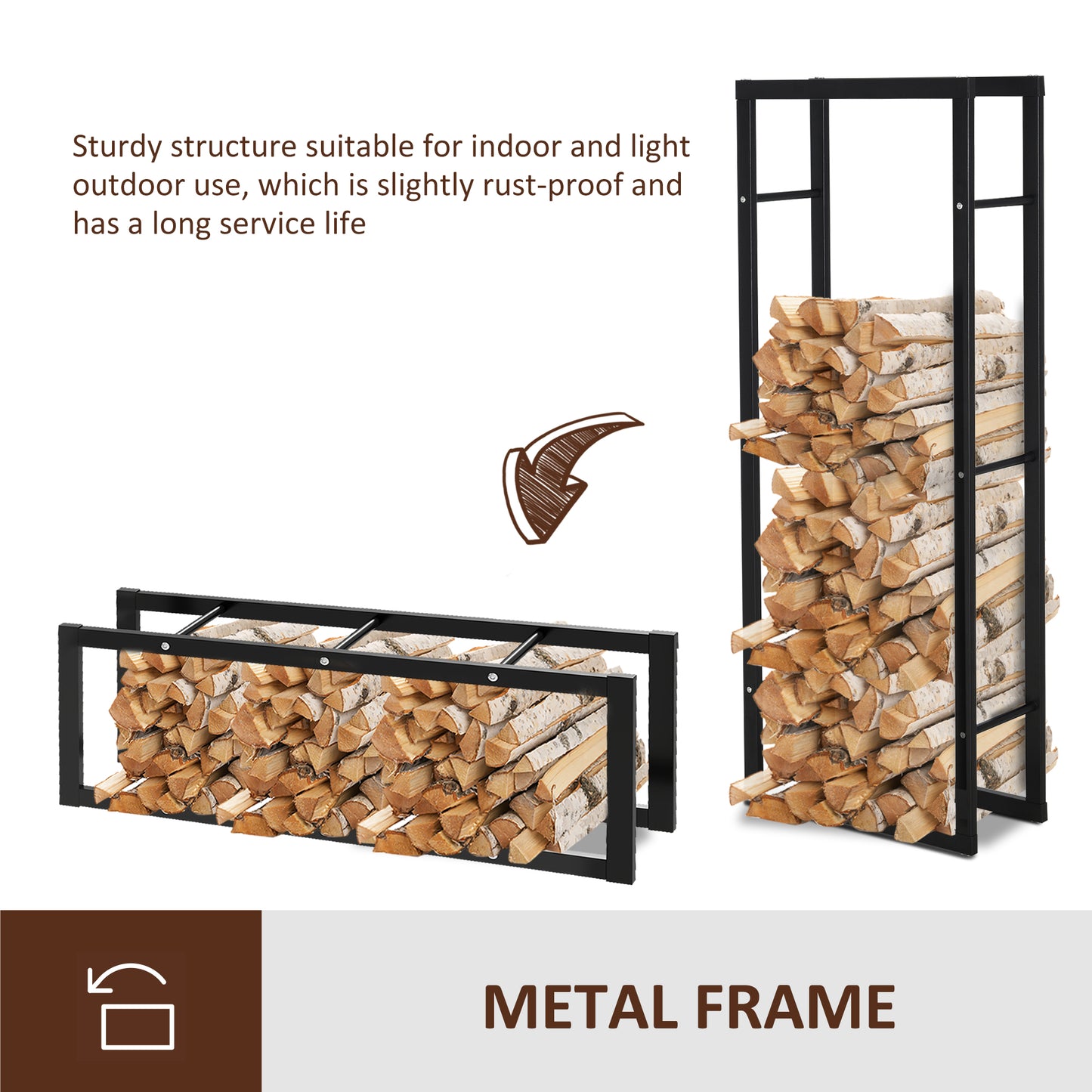 HOMCOM Metal Firewood Log Holder Tall Firewood Rack Indoor Outdoor Fireplace Wood Storage Shelf, Black, 60Wx25Dx150Hcm