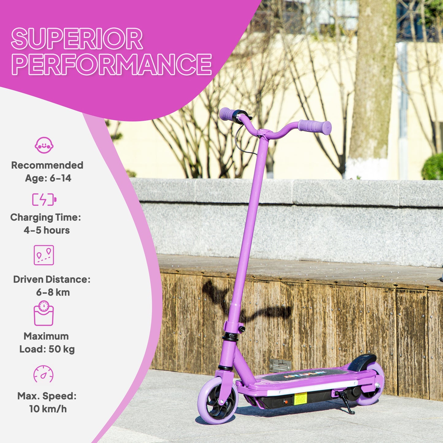 AIYAPLAY Electric Scooter for Kids 6-14 Years, with Colourful Lights, Purple
