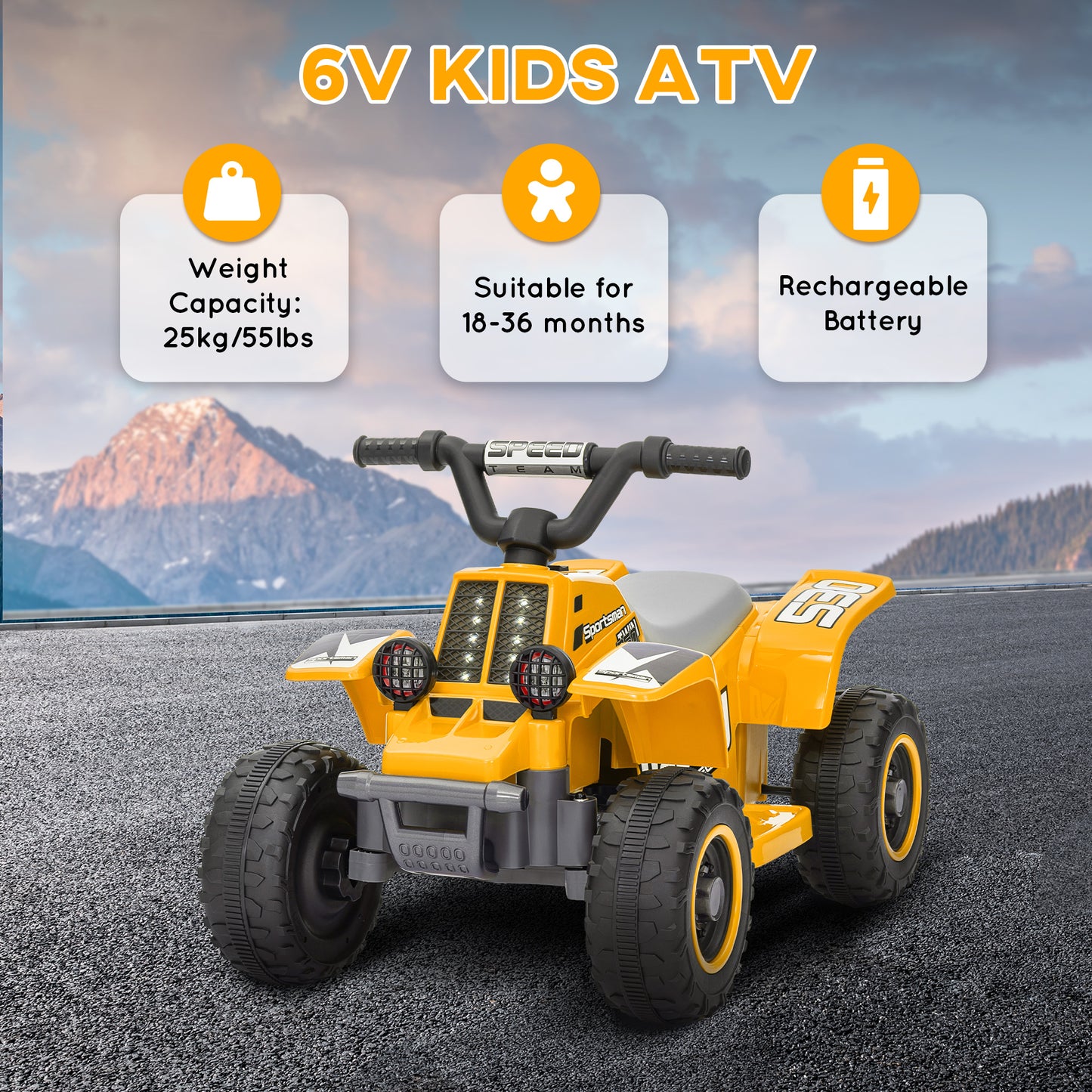 AIYAPLAY 6V Electric Quad Bike for Kids, Ride On ATV w/ Forward Backward, Headlights, for 18-36 Months, Yellow