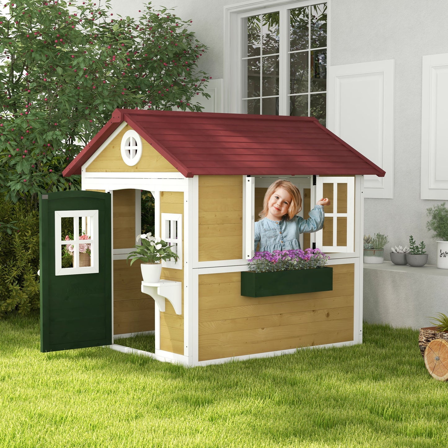 Outsunny Wooden Playhouse with Doors, Windows, Plant Pots, Boxes, for 3-8 Years - Beige