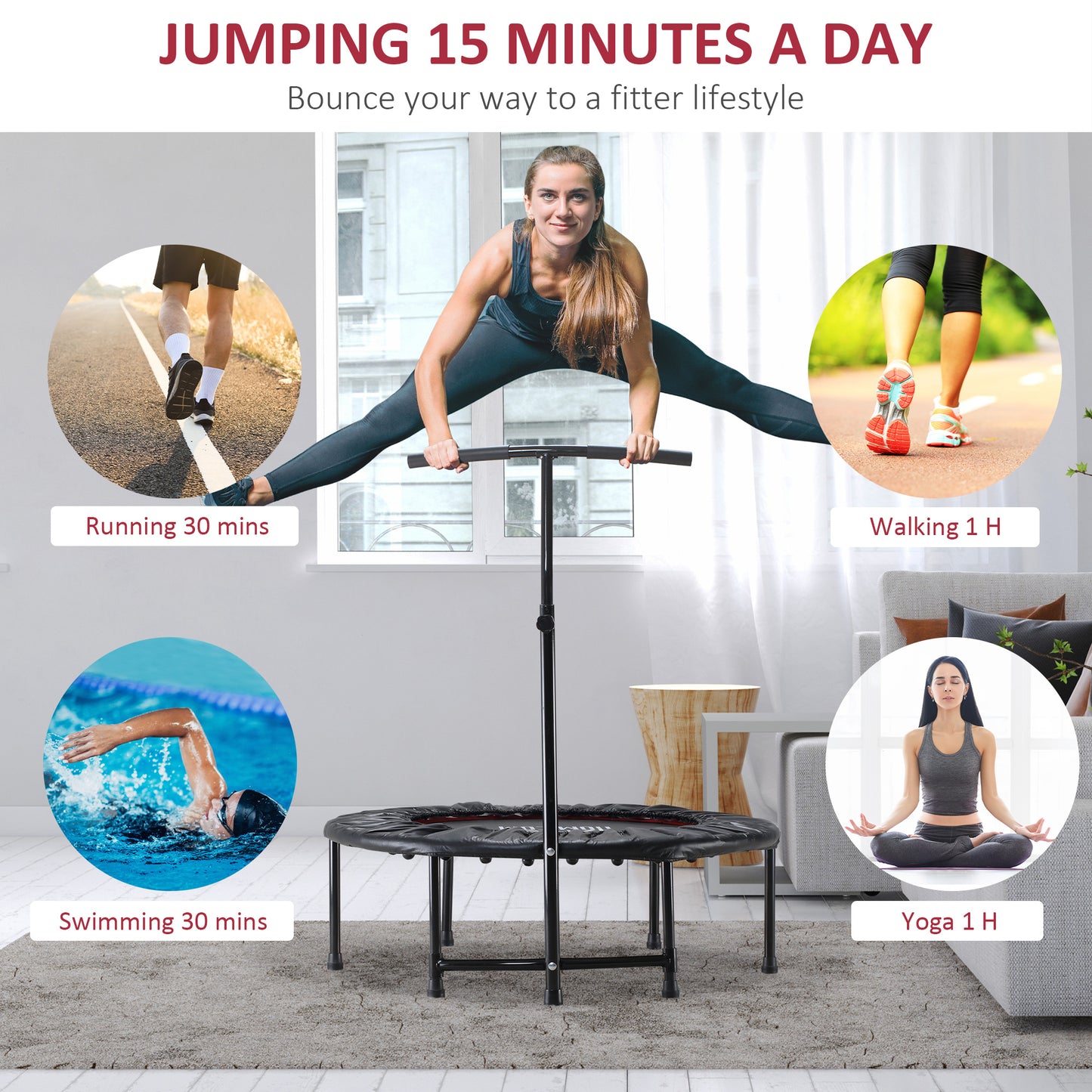 HOMCOM 40" Fitness Trampoline with Adjustable Handle, Rebounder Trampoline, Mini Jumper for Indoor Exercise Workout, Black