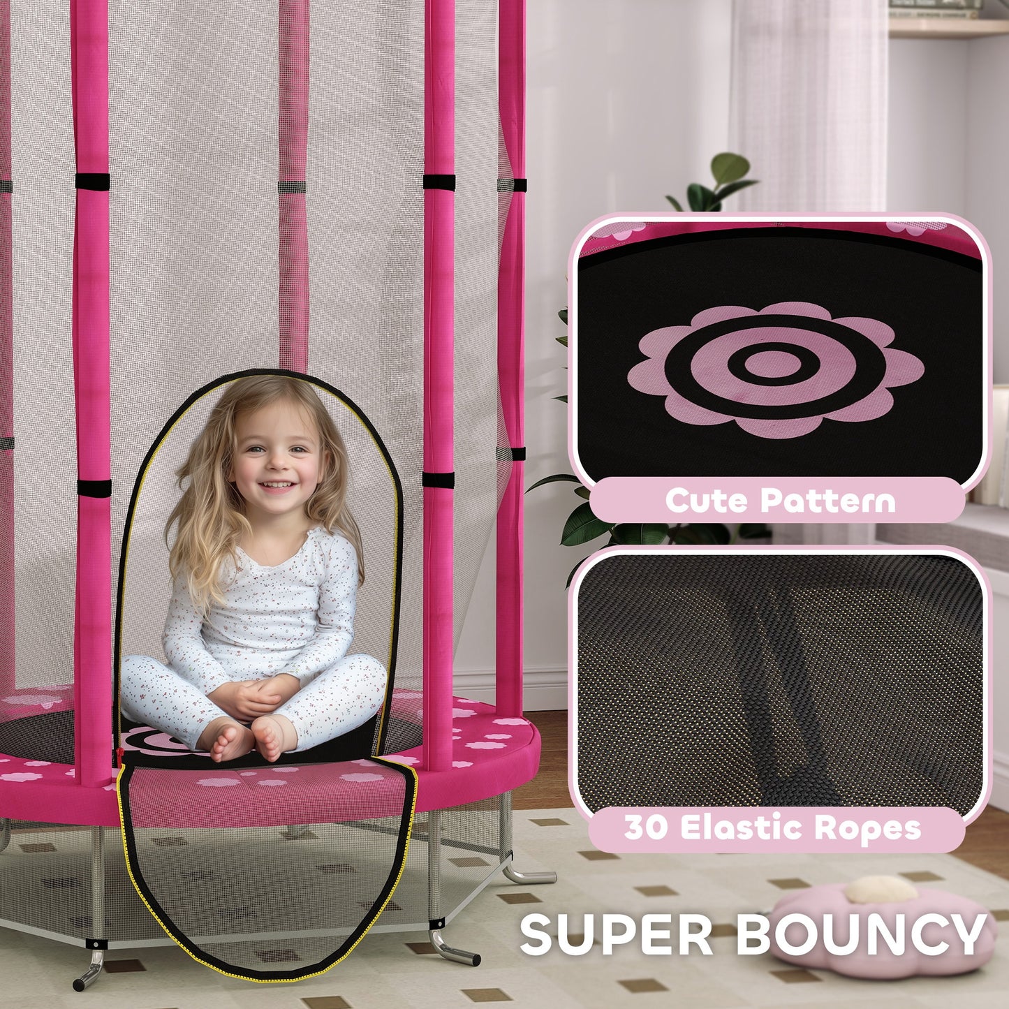 AIYAPLAY 4.6FT Toddler Trampoline w/ Safety Enclosure Net, for Indoor Outdoor Use, Ages 3-6 Years, Sun Pattern - Pink