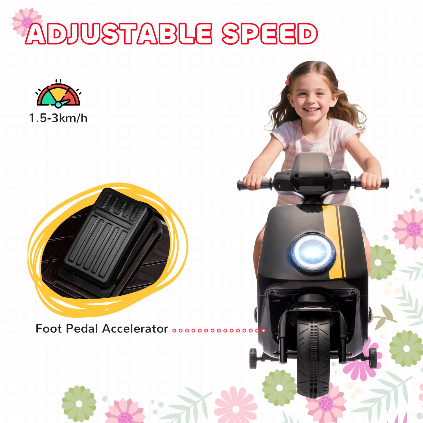 AIYAPLAY 6V Ride on Motorbike, Kids Electric Motorbike w/ Headlights, Music, Training Wheels, for Ages 18-36 Months, Black